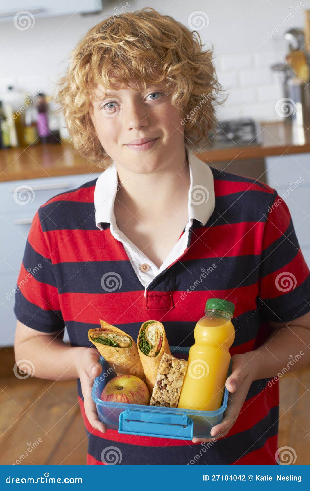 Boy Holding Healthy Lunchbox in Kitchen Stock Photo Image of sandwich