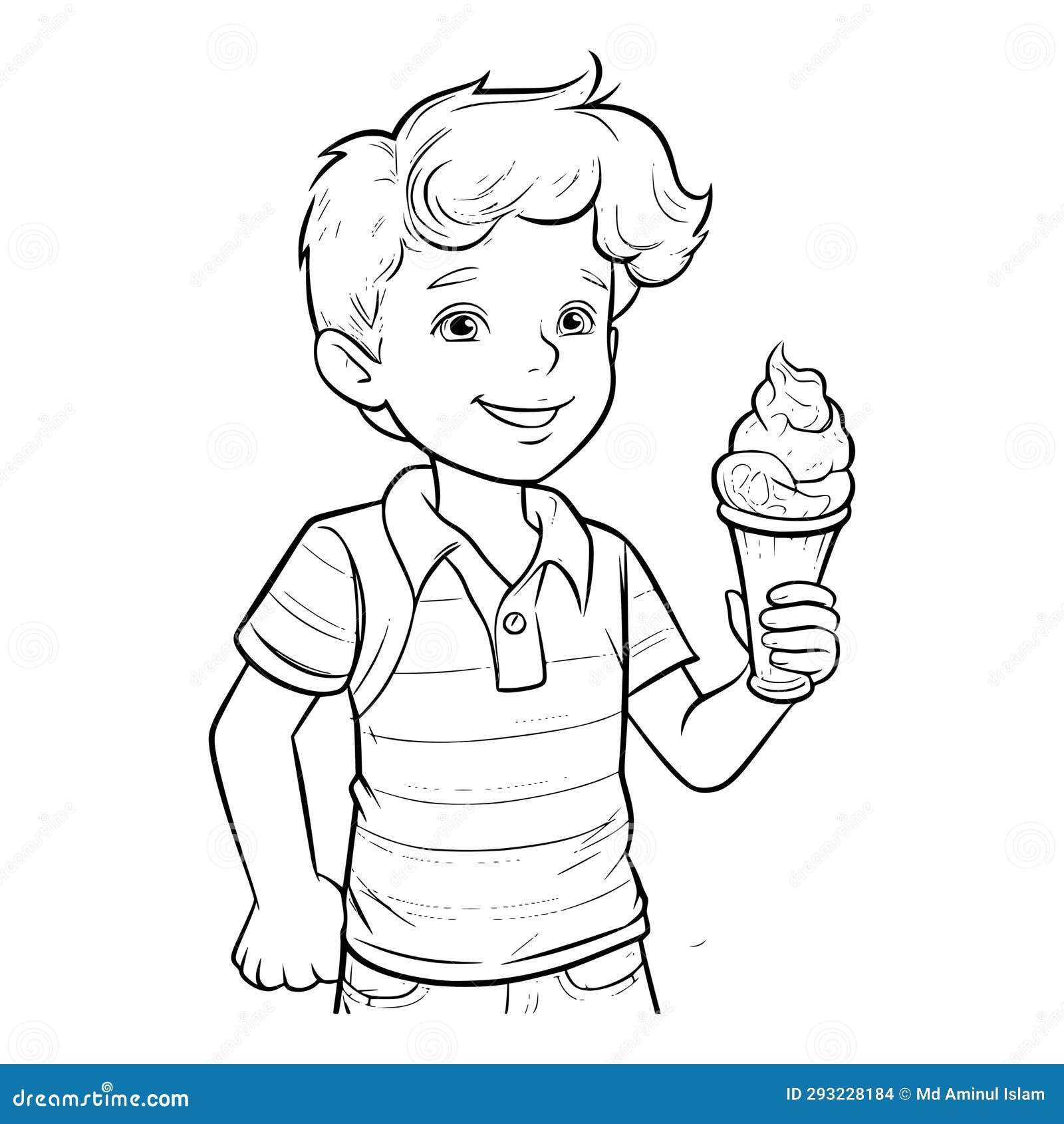 Boy Holding Ice Cream Coloring Page for Kids Stock Vector