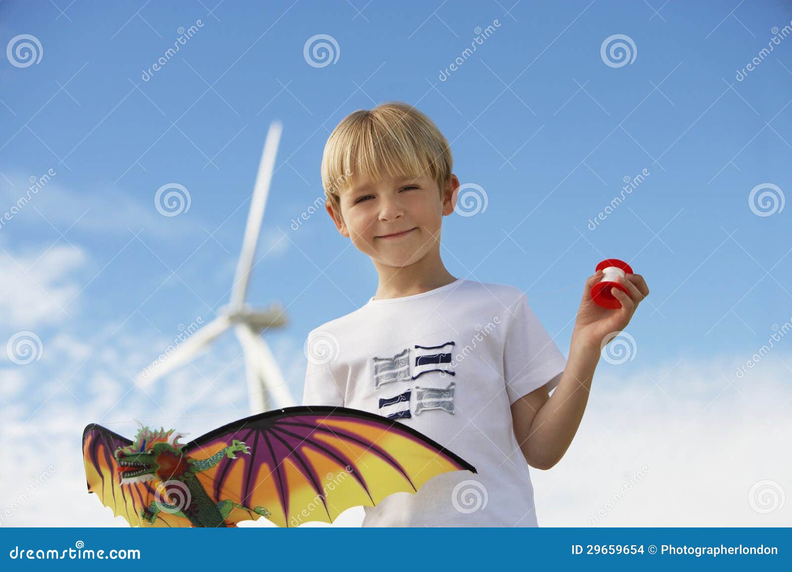 Boy Holding Kite at Wind Farm Stock Photo Image of innocent, little