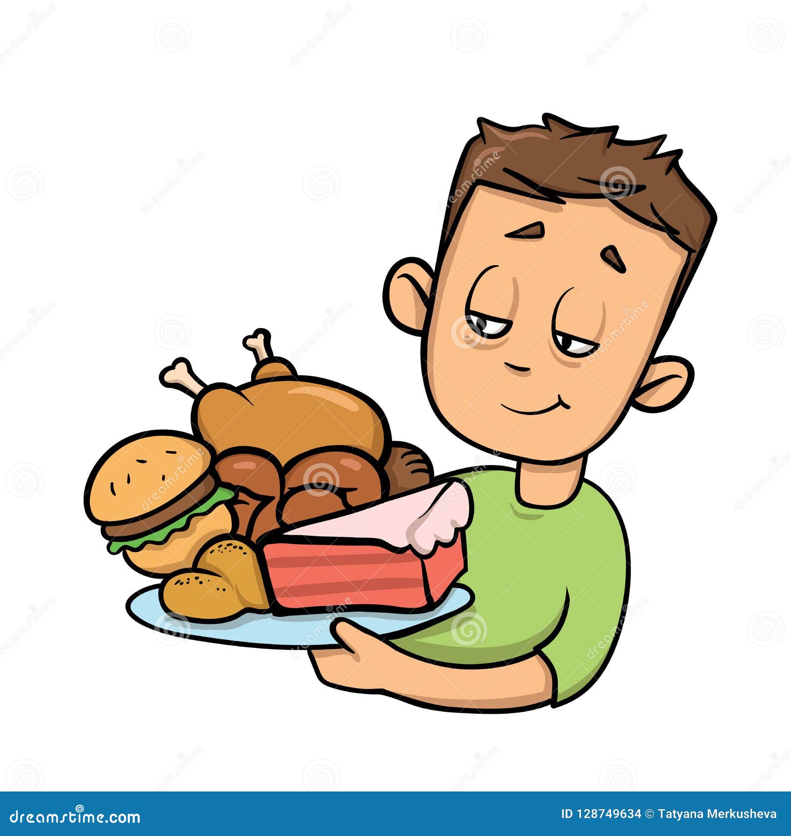 Boy Holding Plate Full of Junk Food. Overeating. Cartoon Design Icon. Flat  Vector Illustration. Isolated on White Stock Vector - Illustration of joke,  cartoon: 128749634