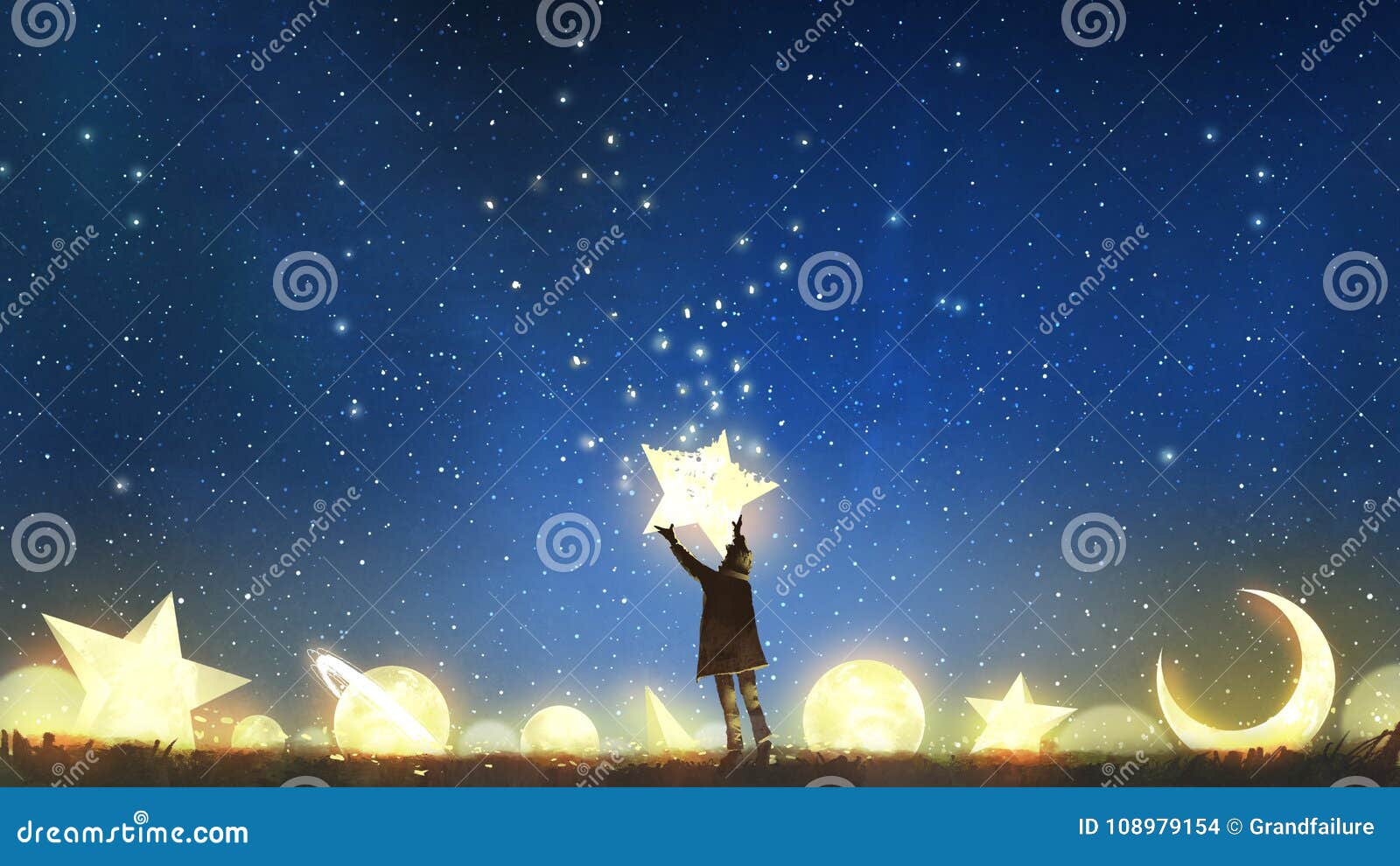 boy holding the star up in the sky