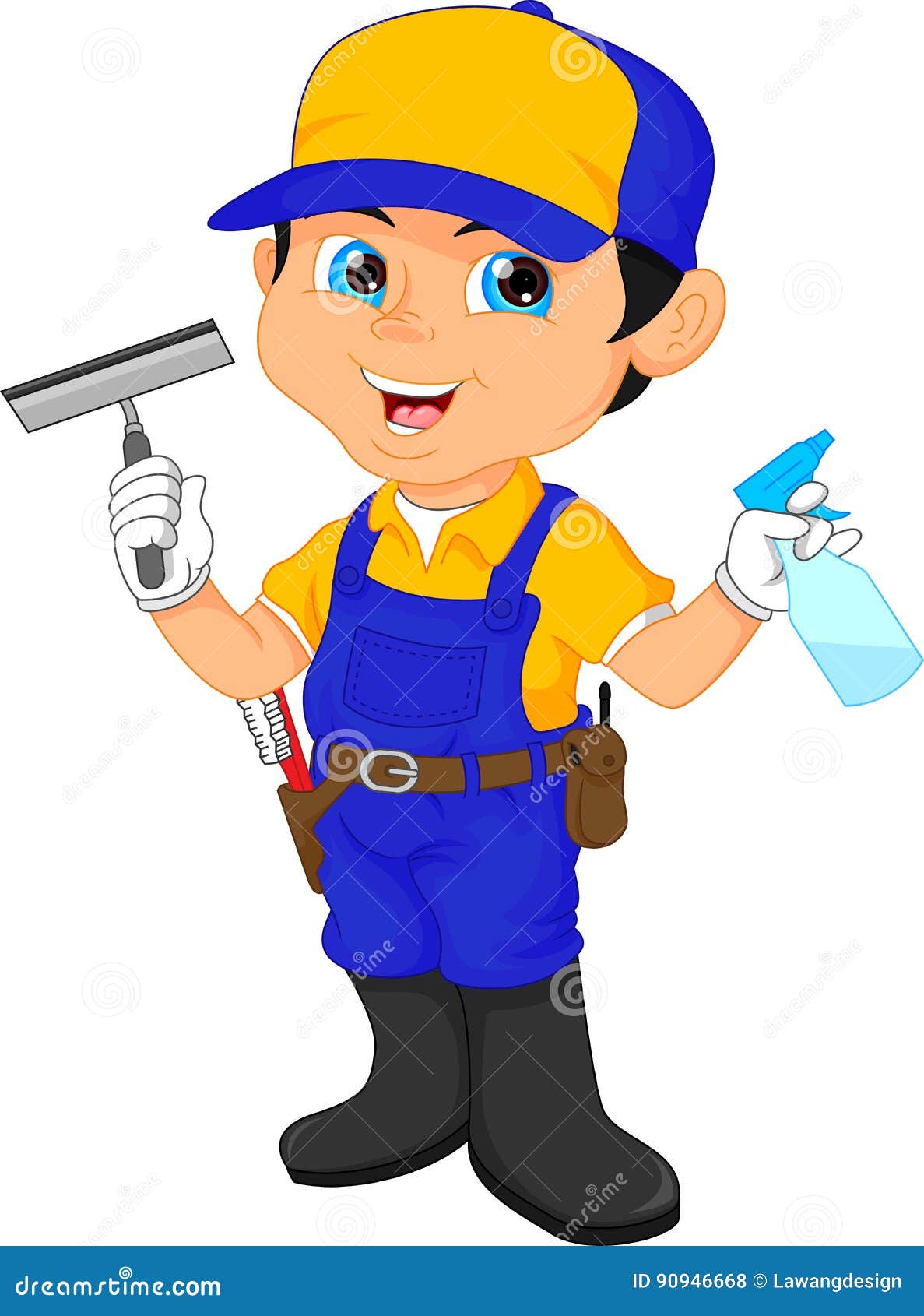 Boy Janitor in a Blue Suit Holding Cleaning Tools Stock Vector