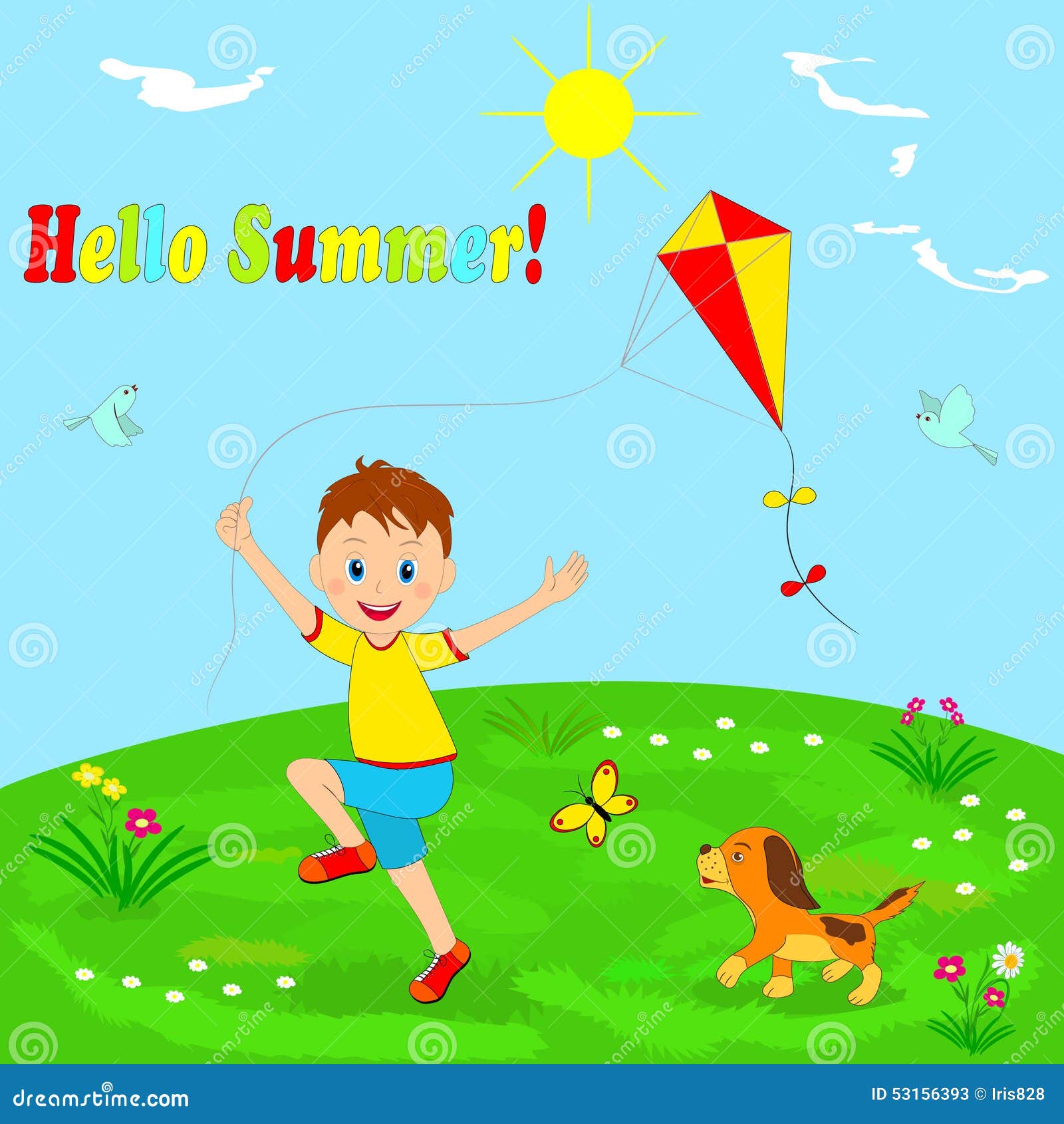 Boy with a Kite and a Dog Running through a Meadow Stock Vector - Illustration of smile, blue: 53156393 Boy with a Kite and a Dog Running through a Meadow Stock Vector - Illustration of smile, blue: 53156393