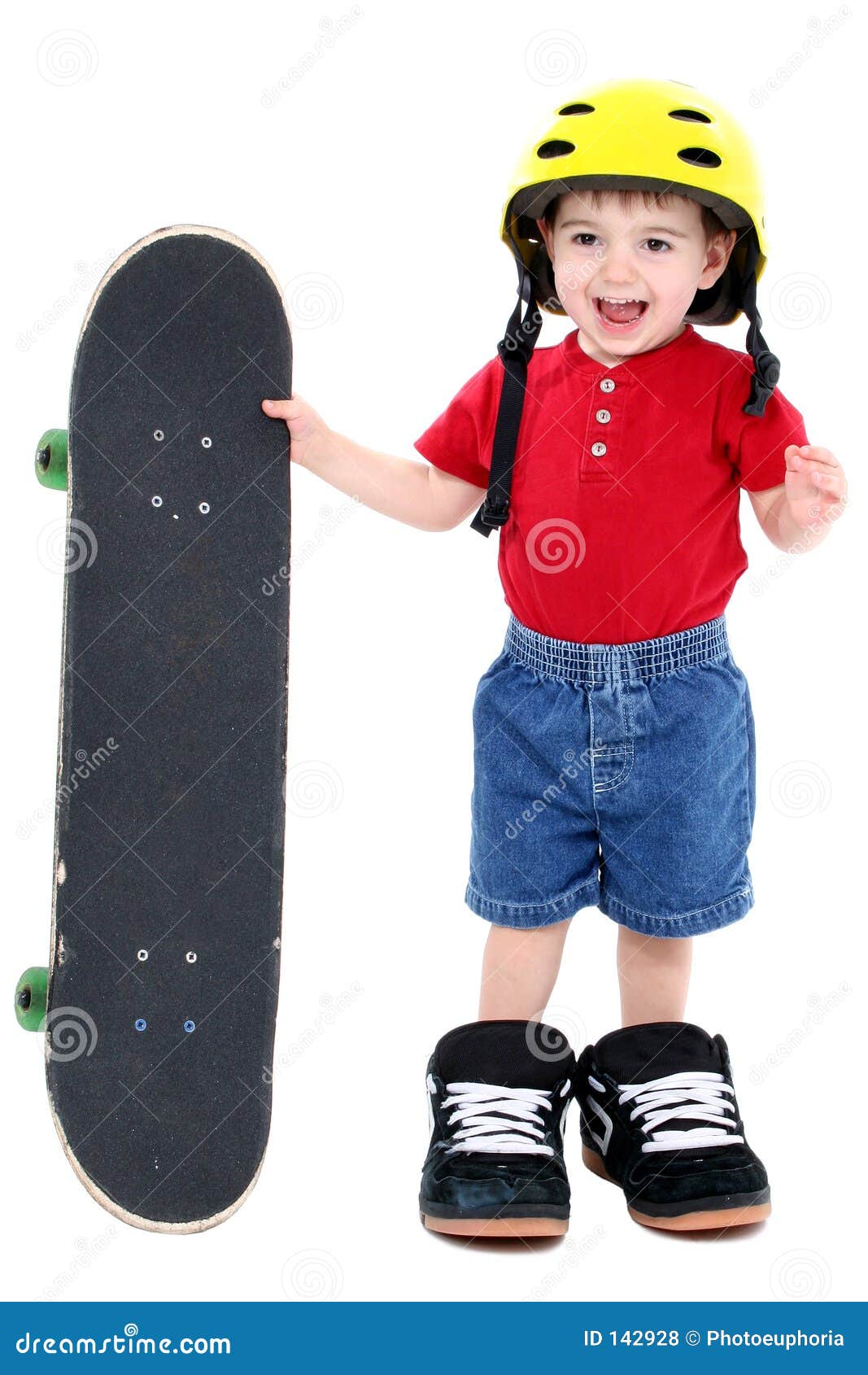 Boy in Large Shoes with Helmet and Skateboard Over White Stock Photo ...