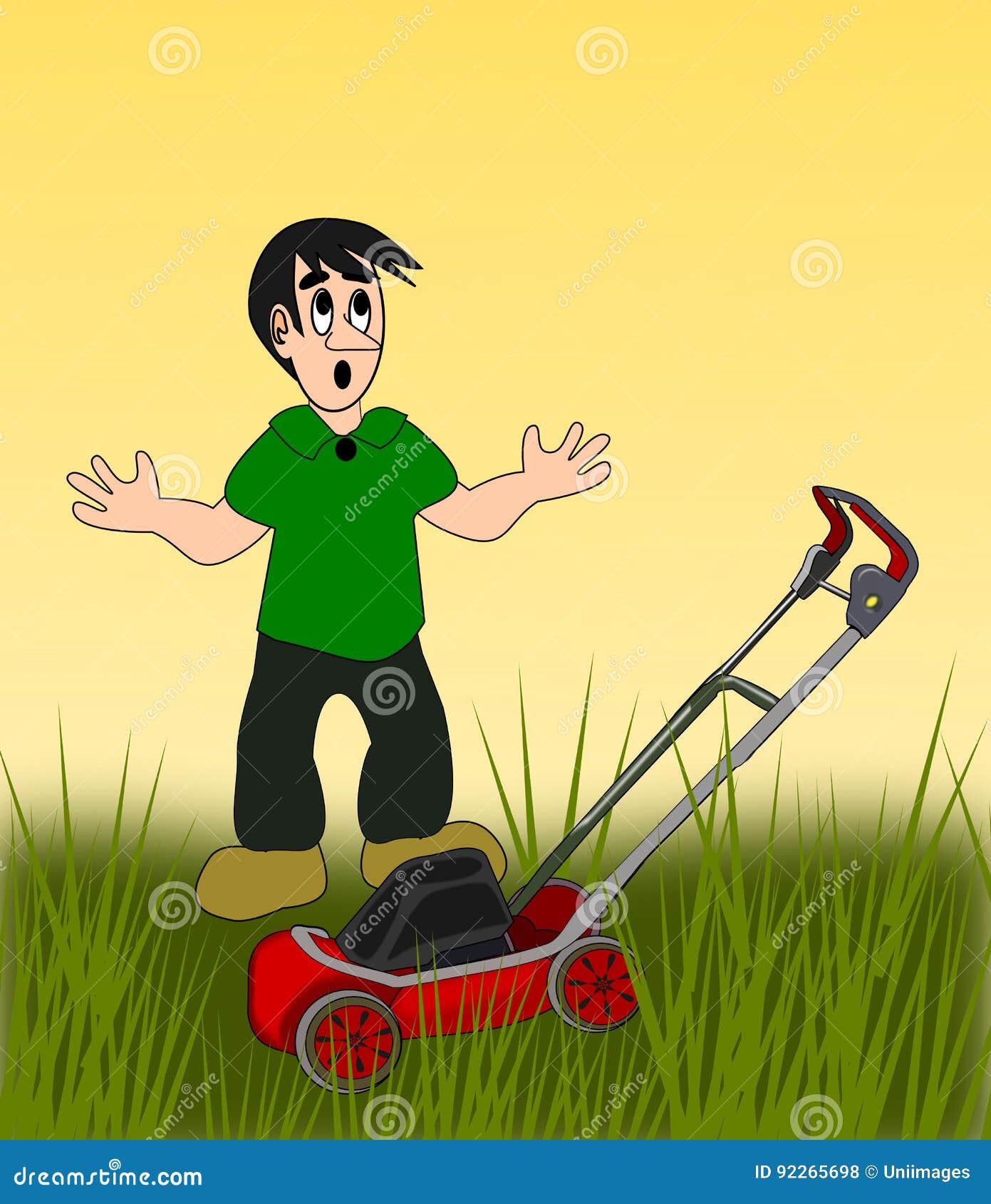 Boy with Lawn Mower stock illustration. Illustration of gardening
