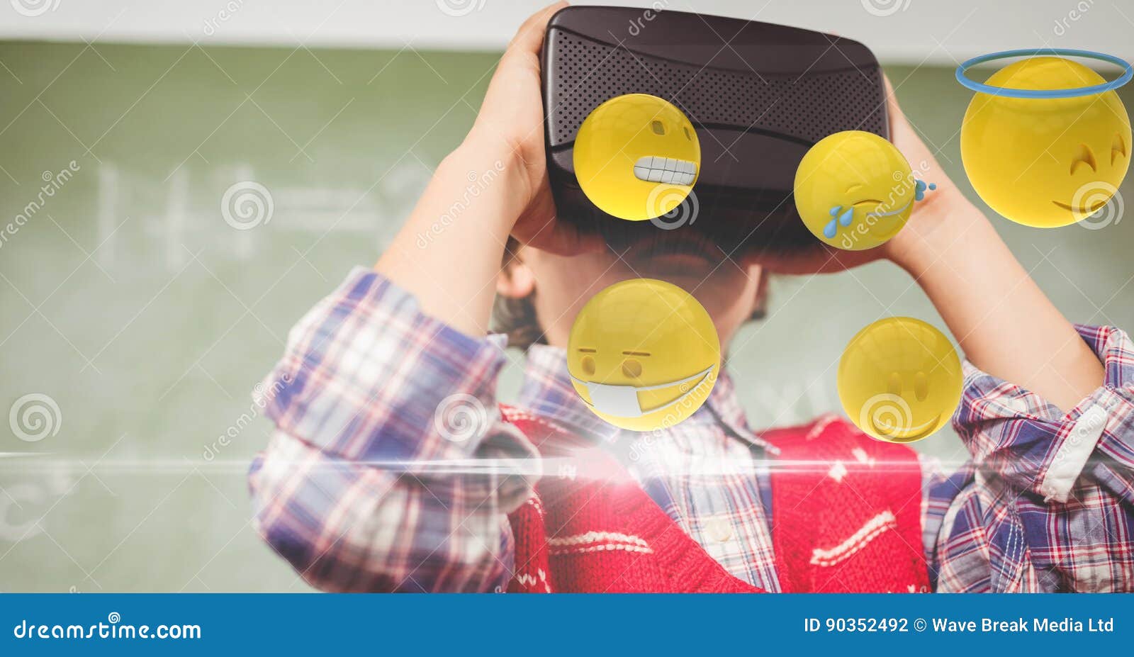 Boy Looking at Emojis through VR Glasses Stock Illustration
