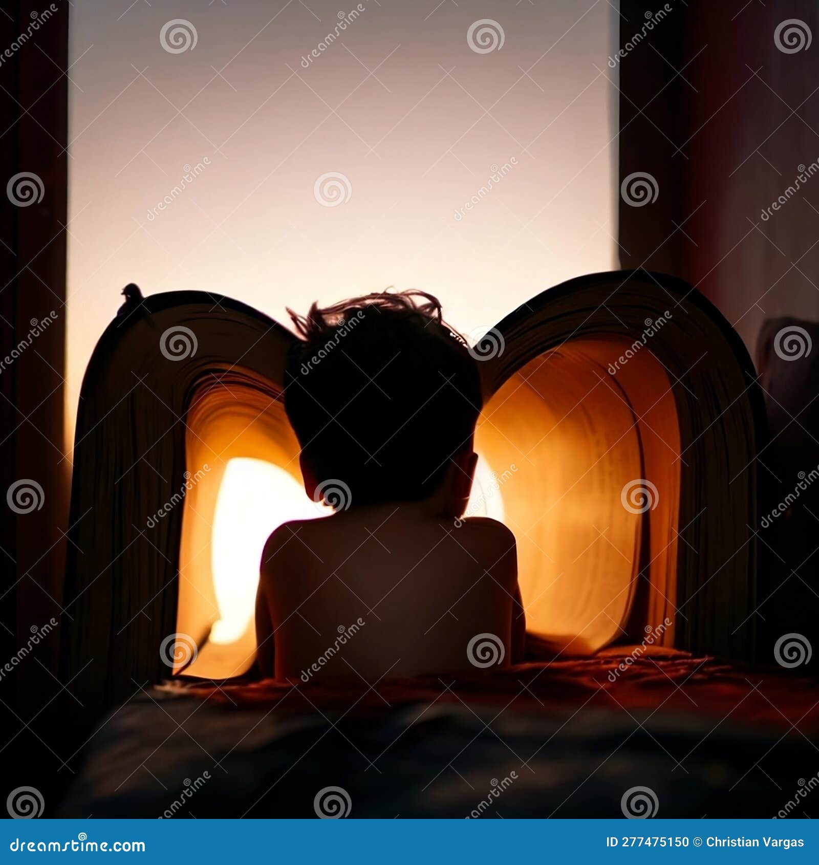 boy looking at the sunset with a gigant book