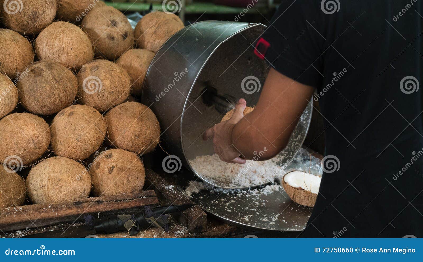 The Boy Made the Coconut Meat into Shredded Coconut Stock Photo Image