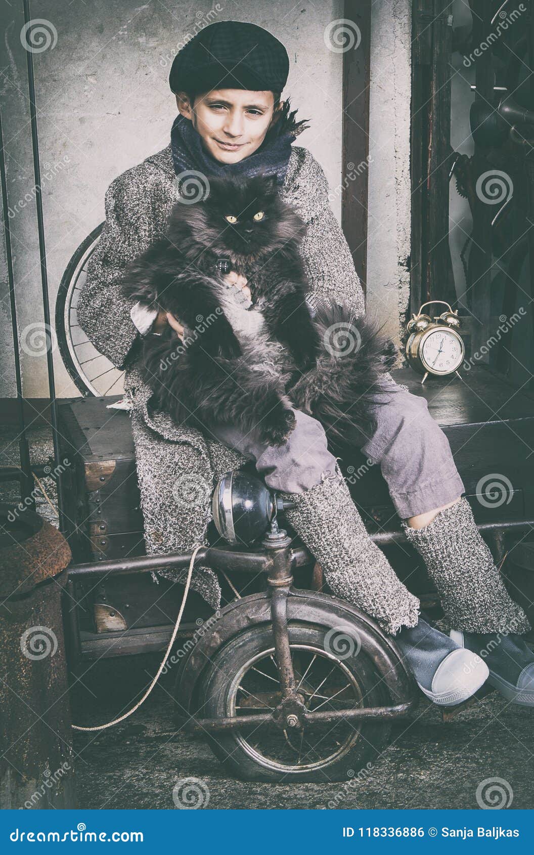 Boy On Old Fashioned Bicycle With A Black Cat Stock Photo Image Of Field Bicycle 118336886