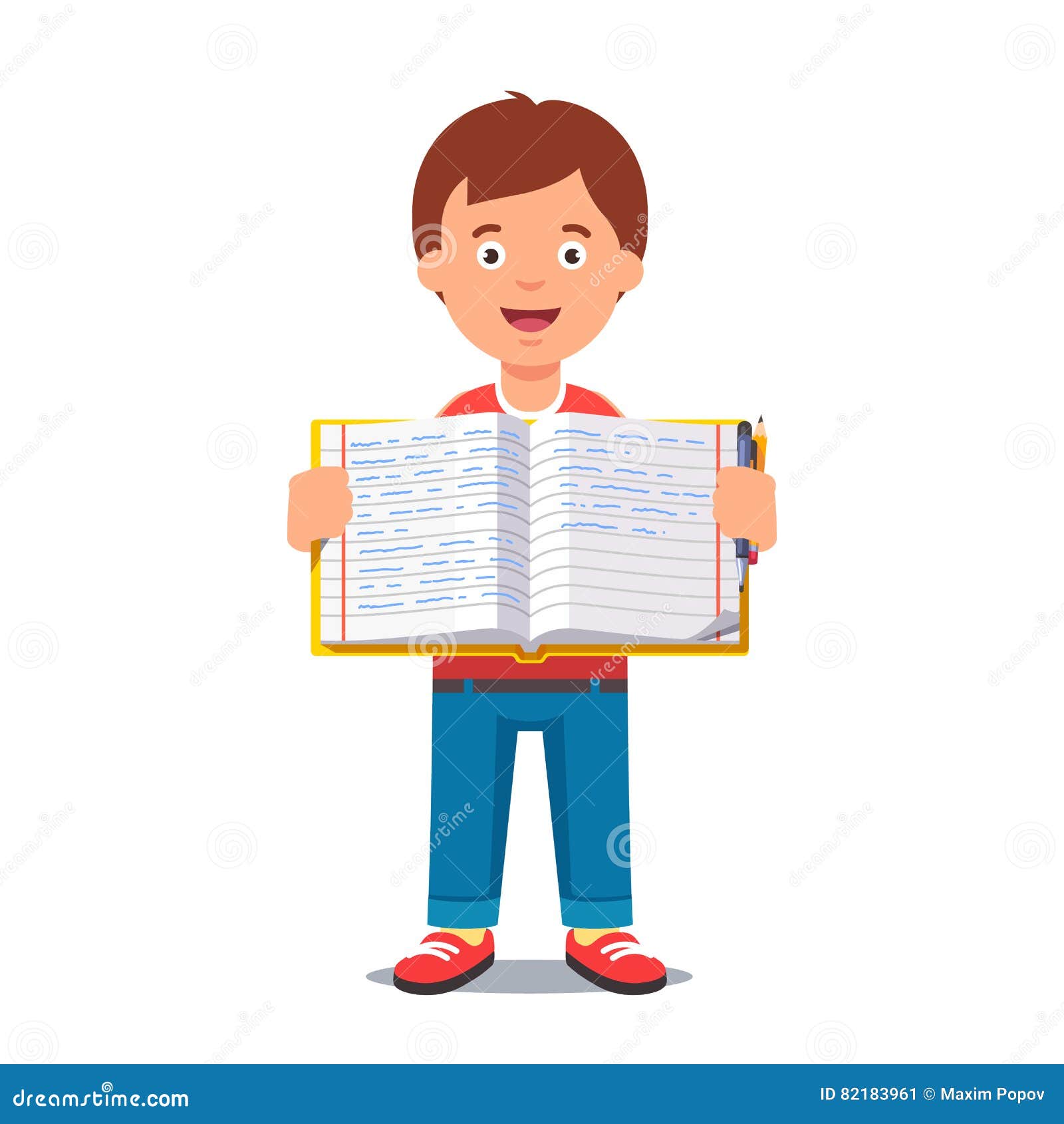 boy and open school workbook with handwriting