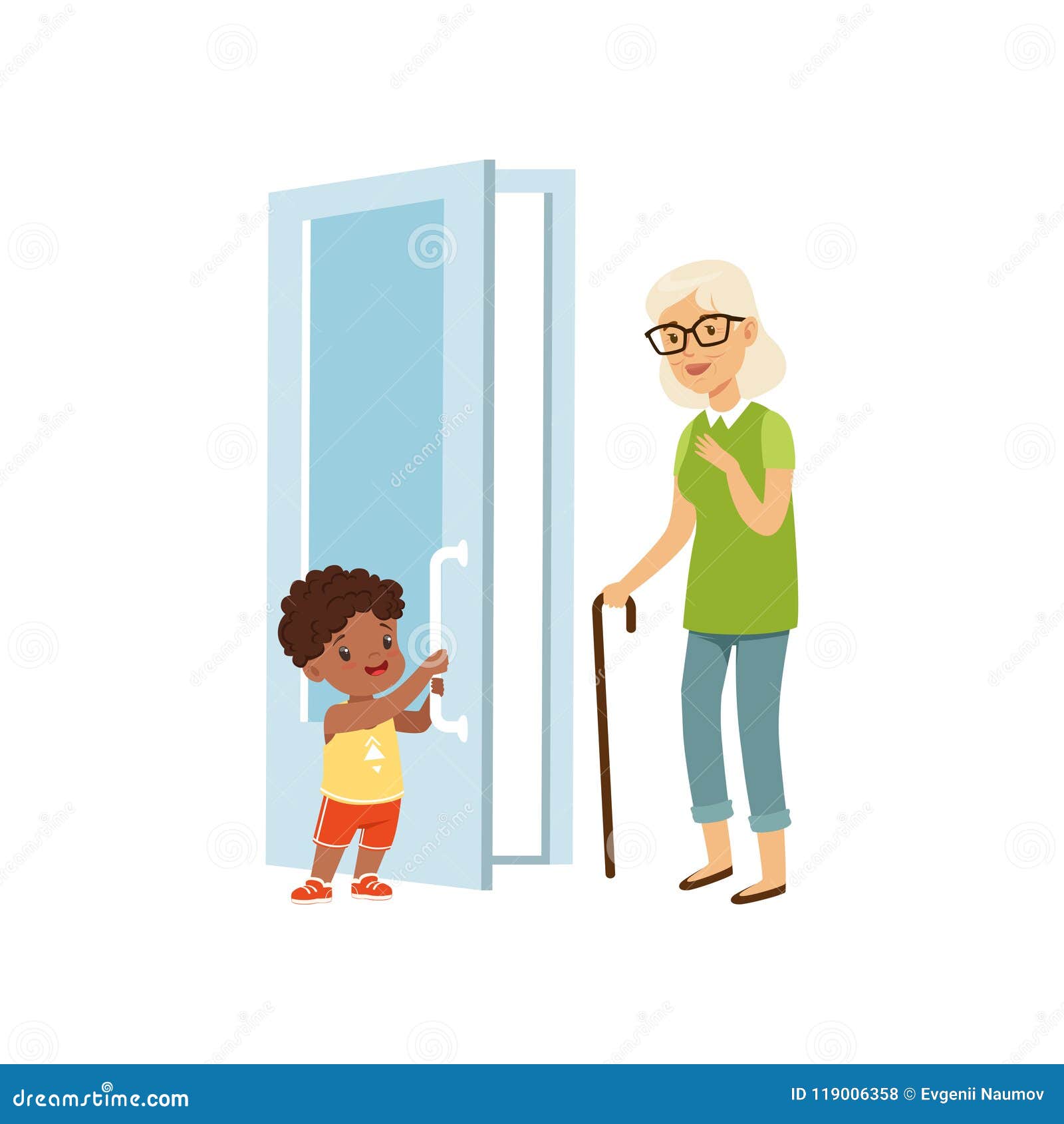 boy opening the door to an elderly woman, kids good manners concept   on a white background
