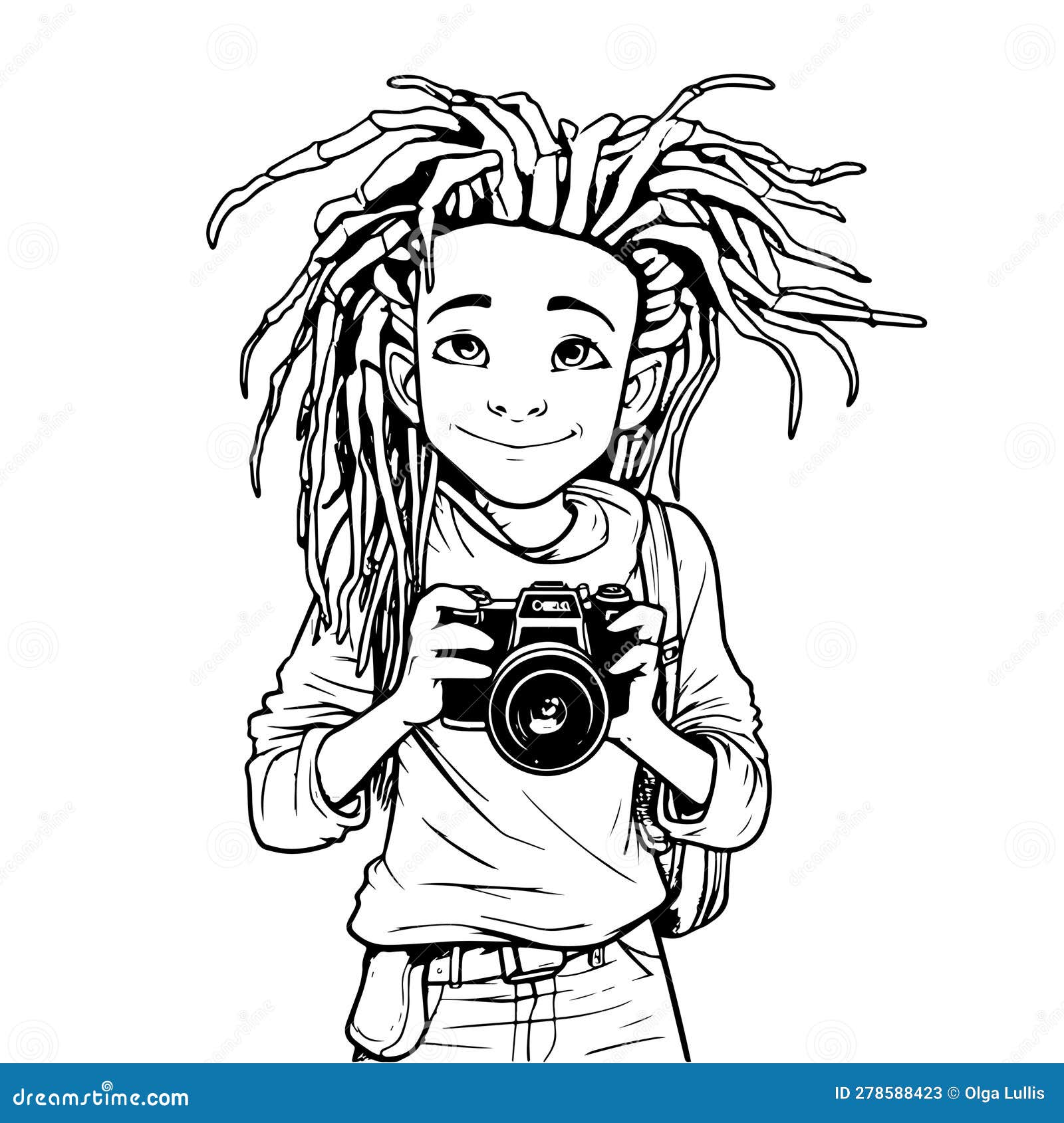 Boy Photographer With Dreads, Black Line Art Cartoon Vector ...