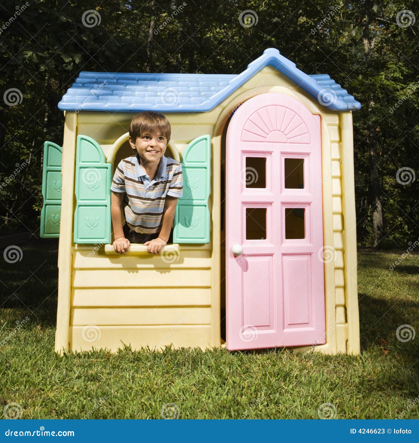 Boy in playhouse. stock image. Image of recreation, leisure 4246623
