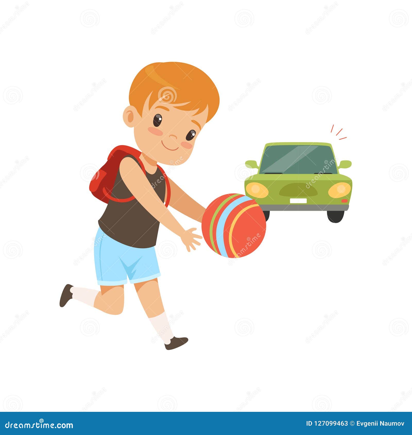 boy playing ball in front of moving car, kid in dangerous situation   on a white background