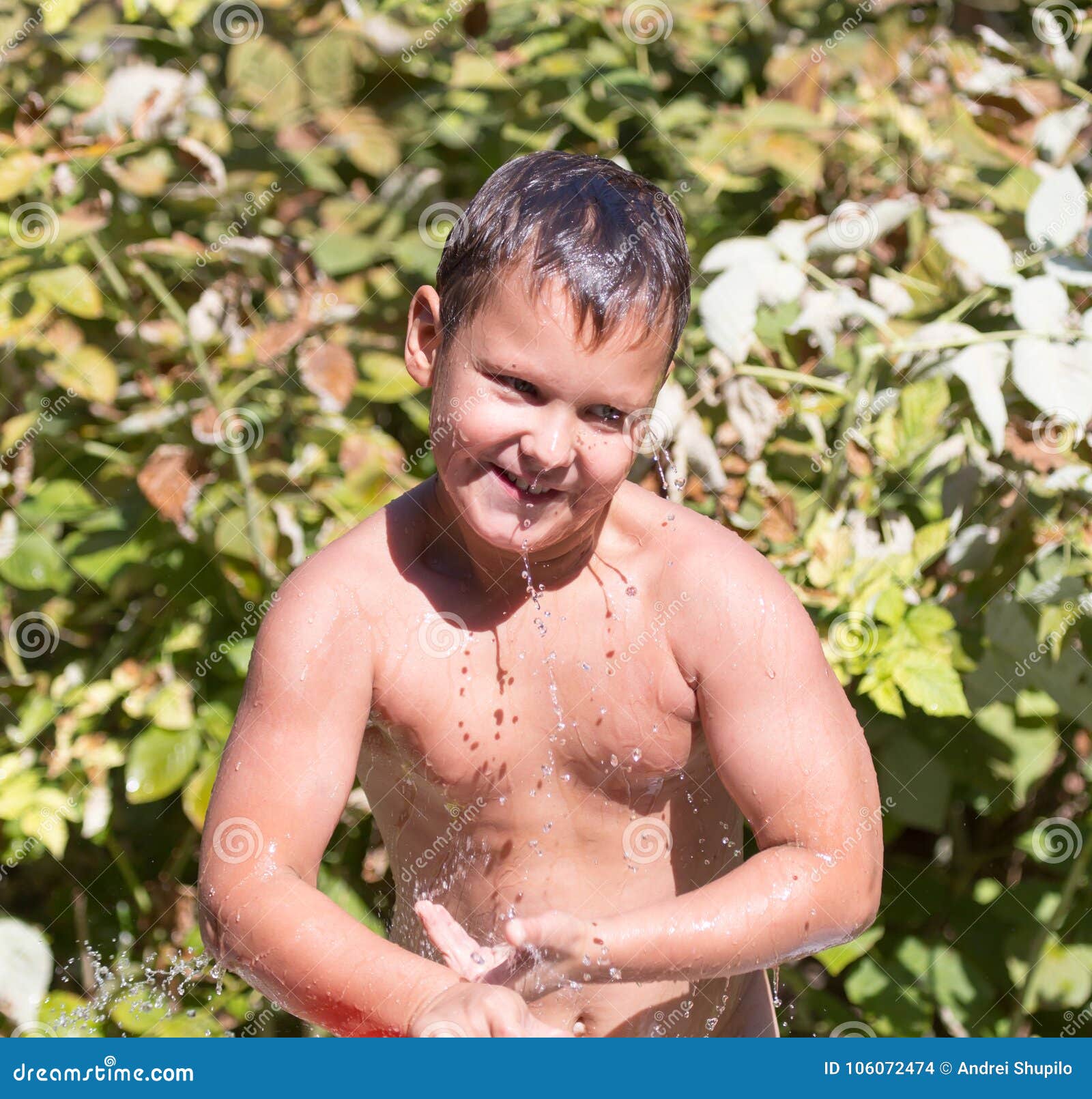 Boy Pours Water from the Pool in Nature Stock Photo - Image of face ...