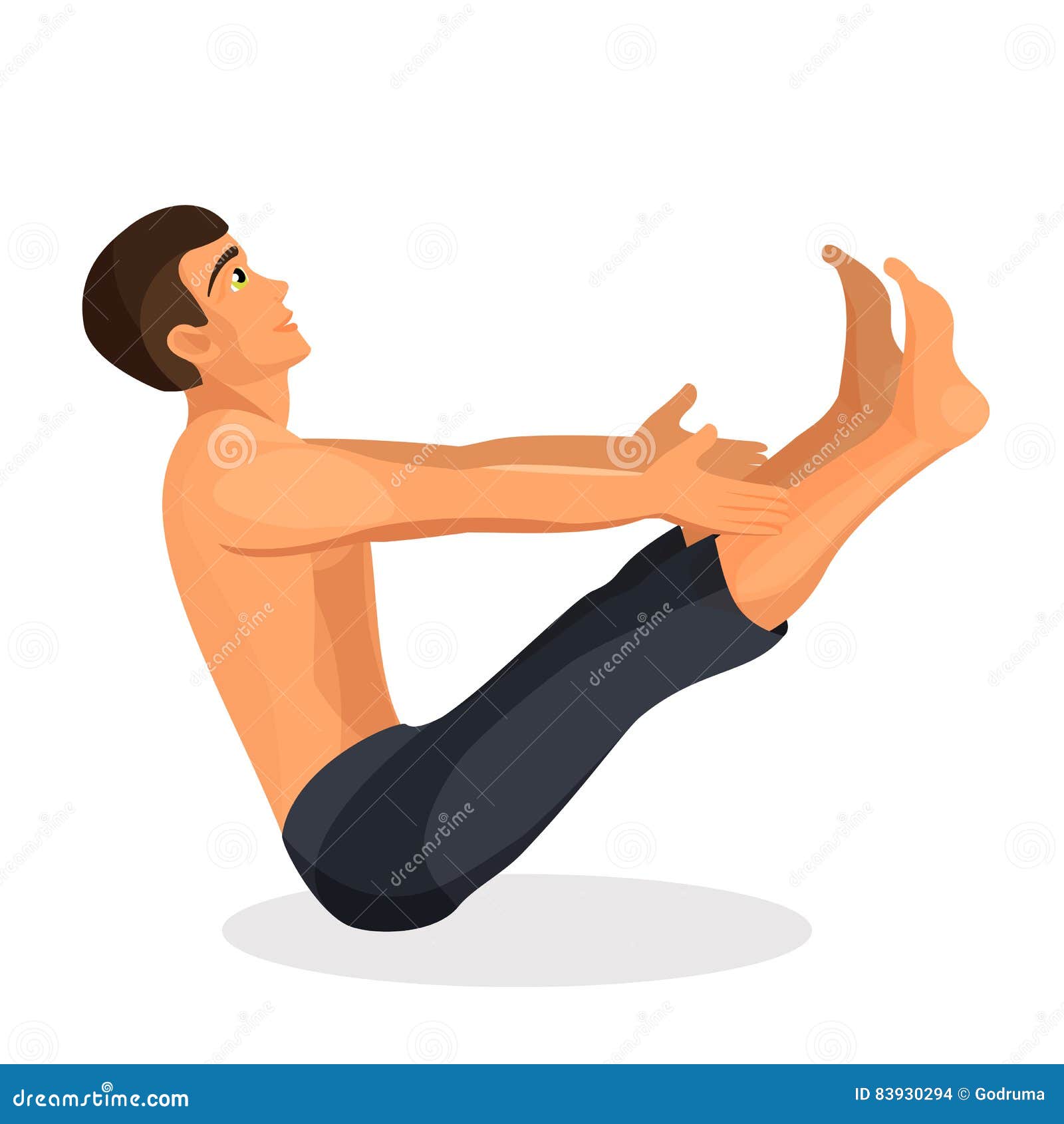 boy practising yoga navasana pose holding his hands legs straight male person bending boat involves action hips 83930294