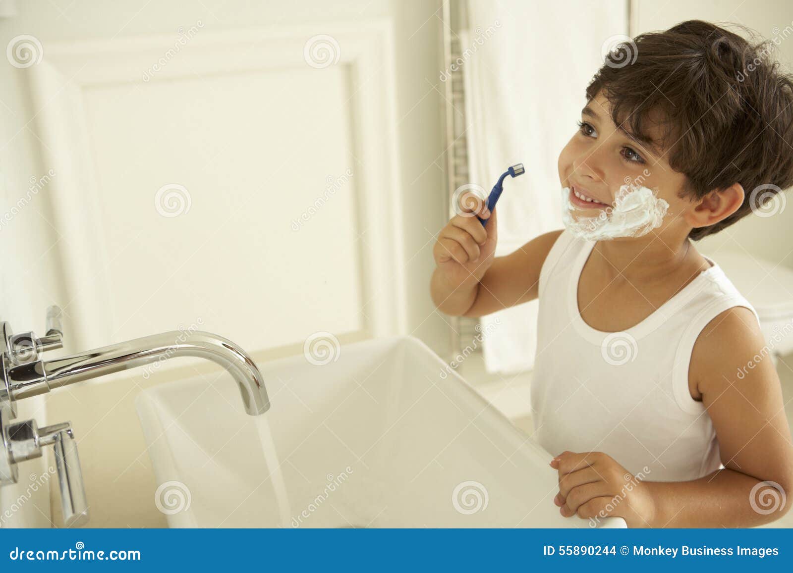 Boy Pretending To Shave in Bathroom Mirror Stock Photo Image of