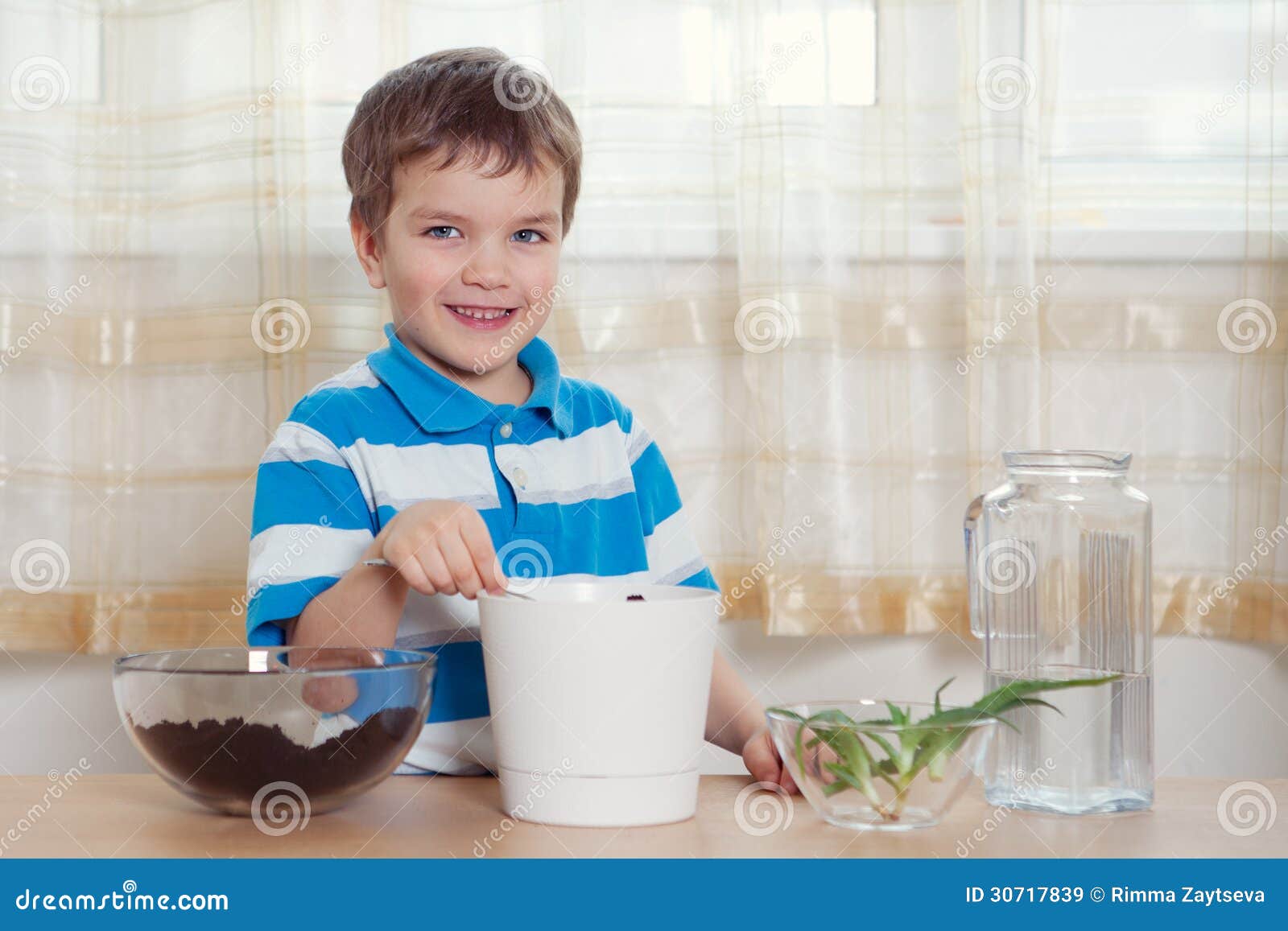 Boy puts plant in pot stock image. Image of caucasian 30717839