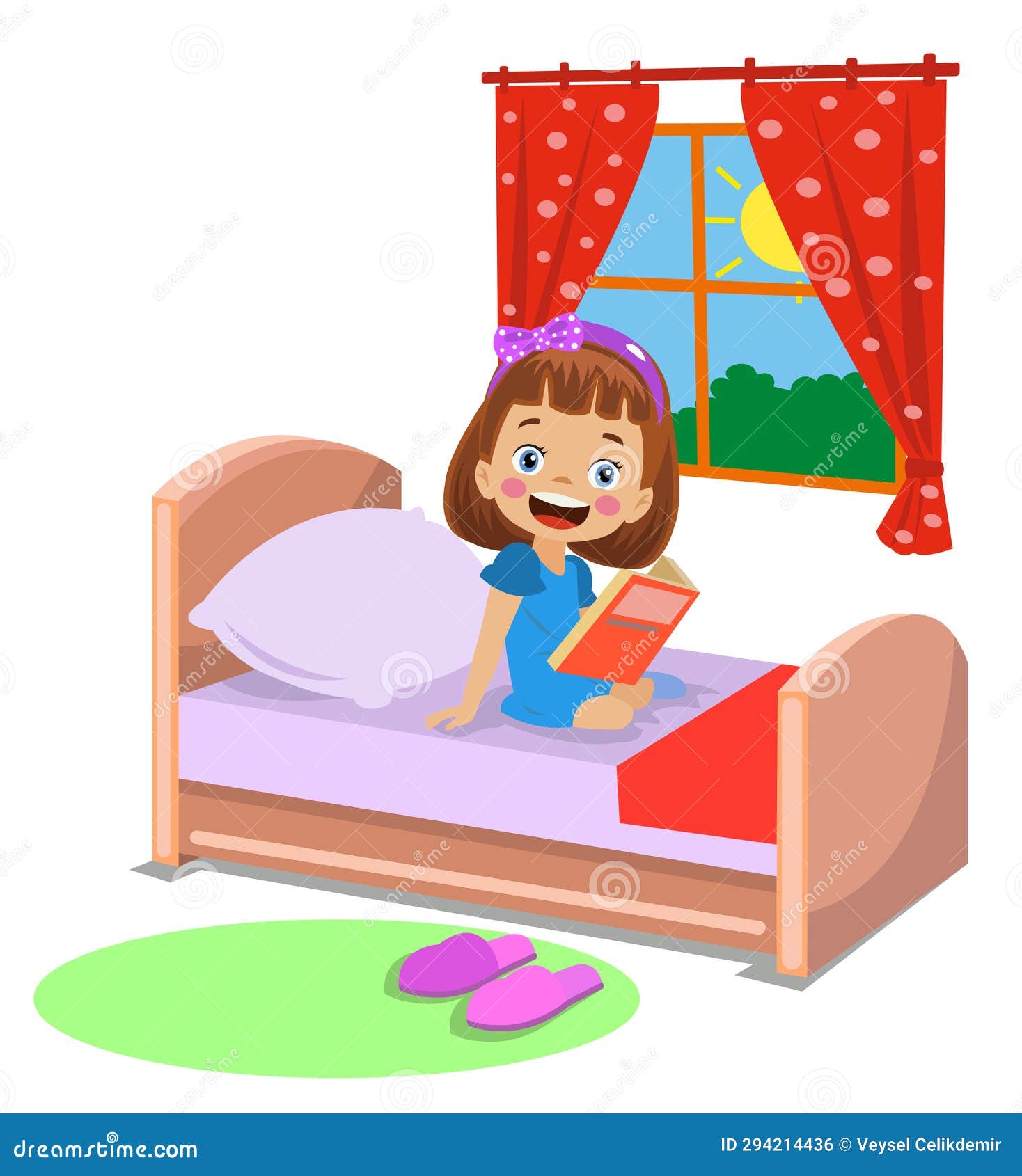 Boy reading a book in bed stock illustration. Illustration of character