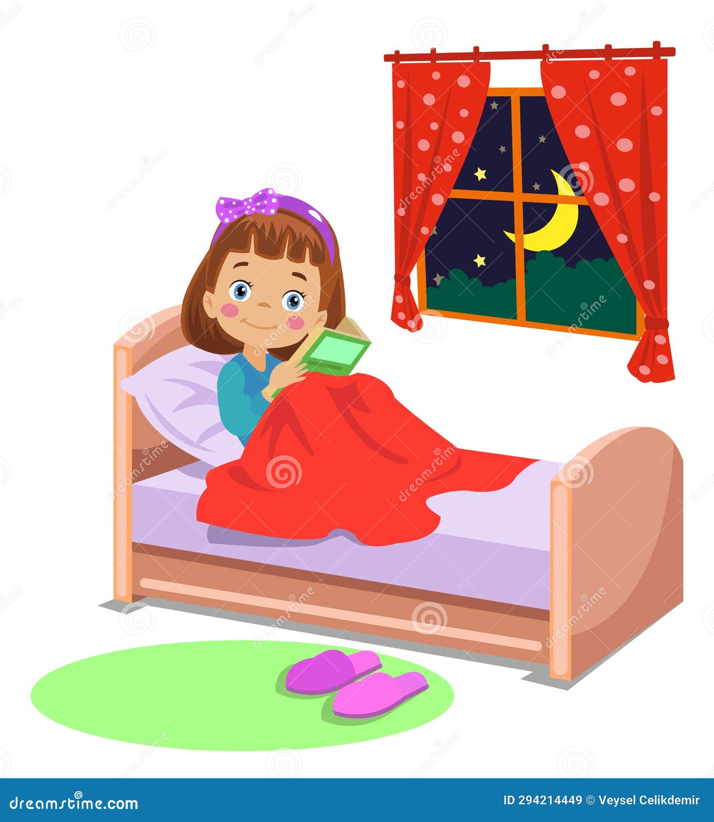 Boy reading a book in bed stock illustration. Illustration of idea