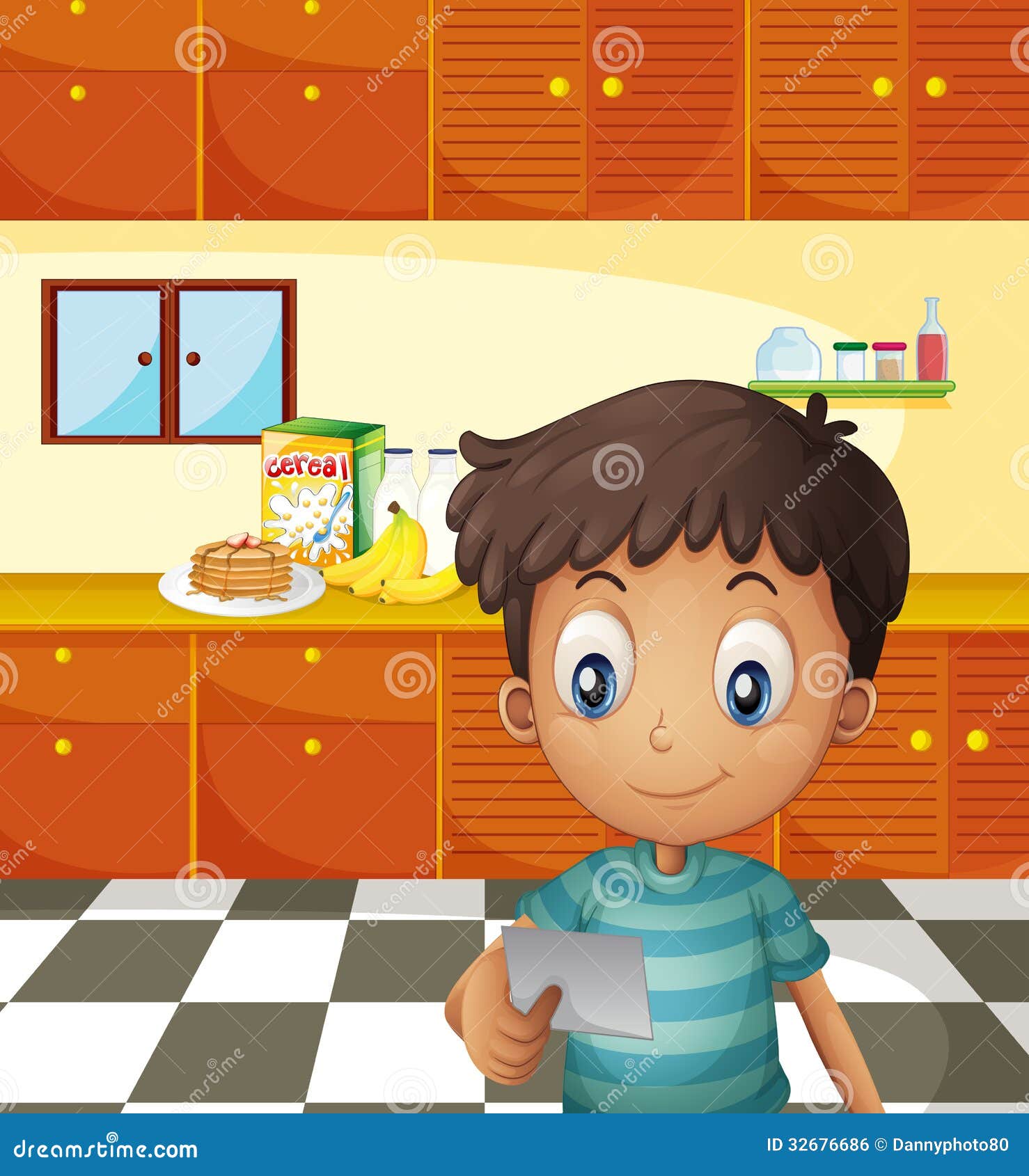 A boy reading a recipe stock vector. Illustration of bottles - 32676686