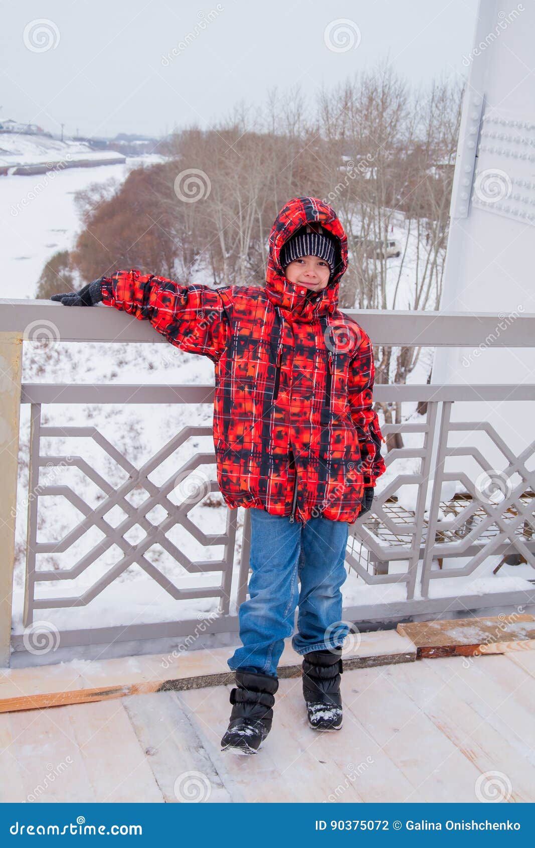 Boy in Red Jacket Standing on the Bridge Stock Photo Image of snow