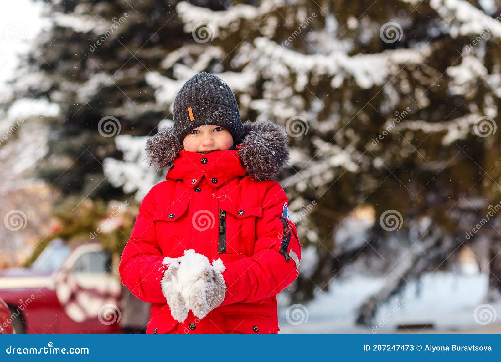 Boy in Red Jacket Throws Snow in Winter Stock Image Image of jacket