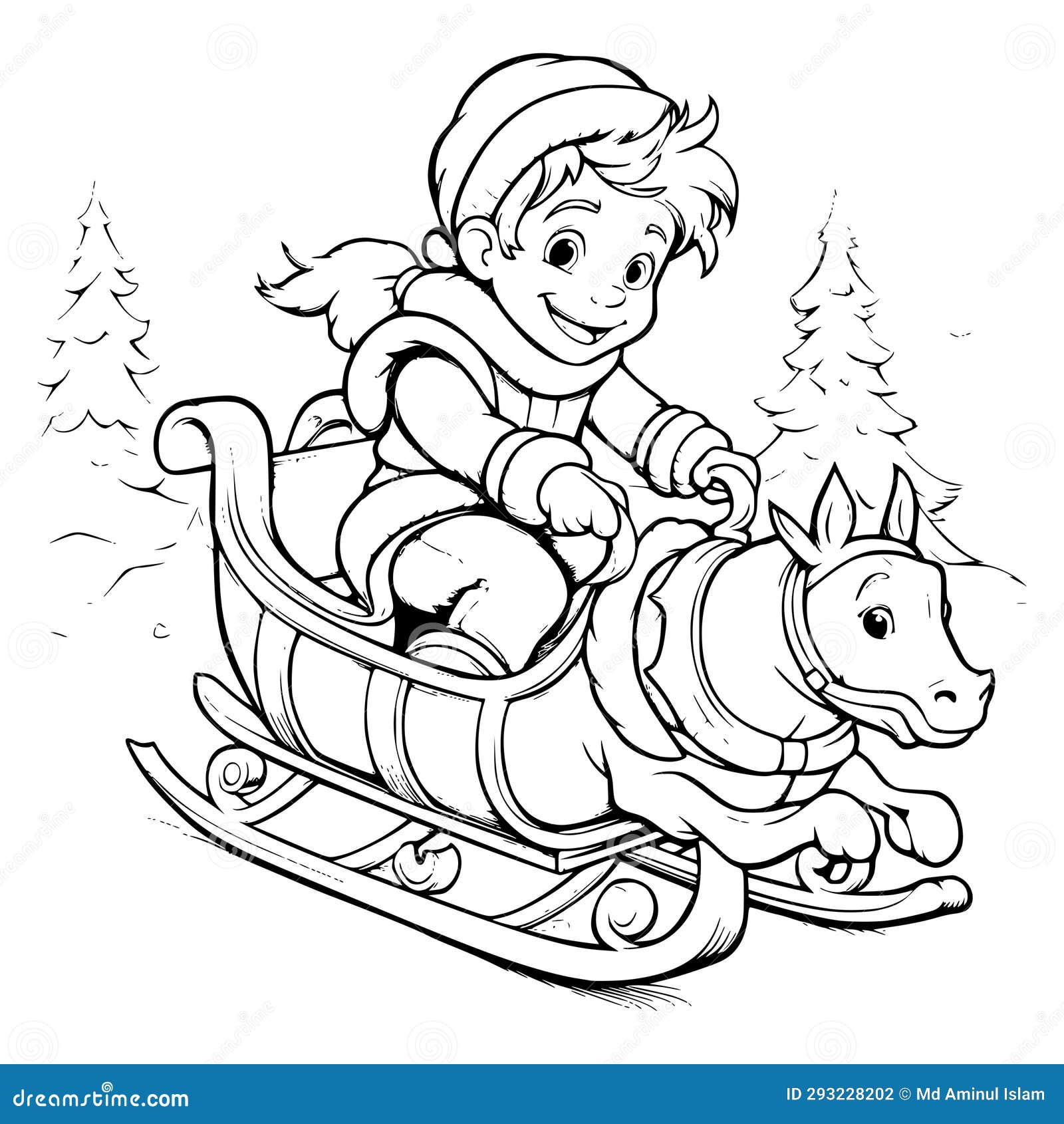 Boy Riding on Sleigh Coloring Page for Kids Stock Vector - Illustration ...