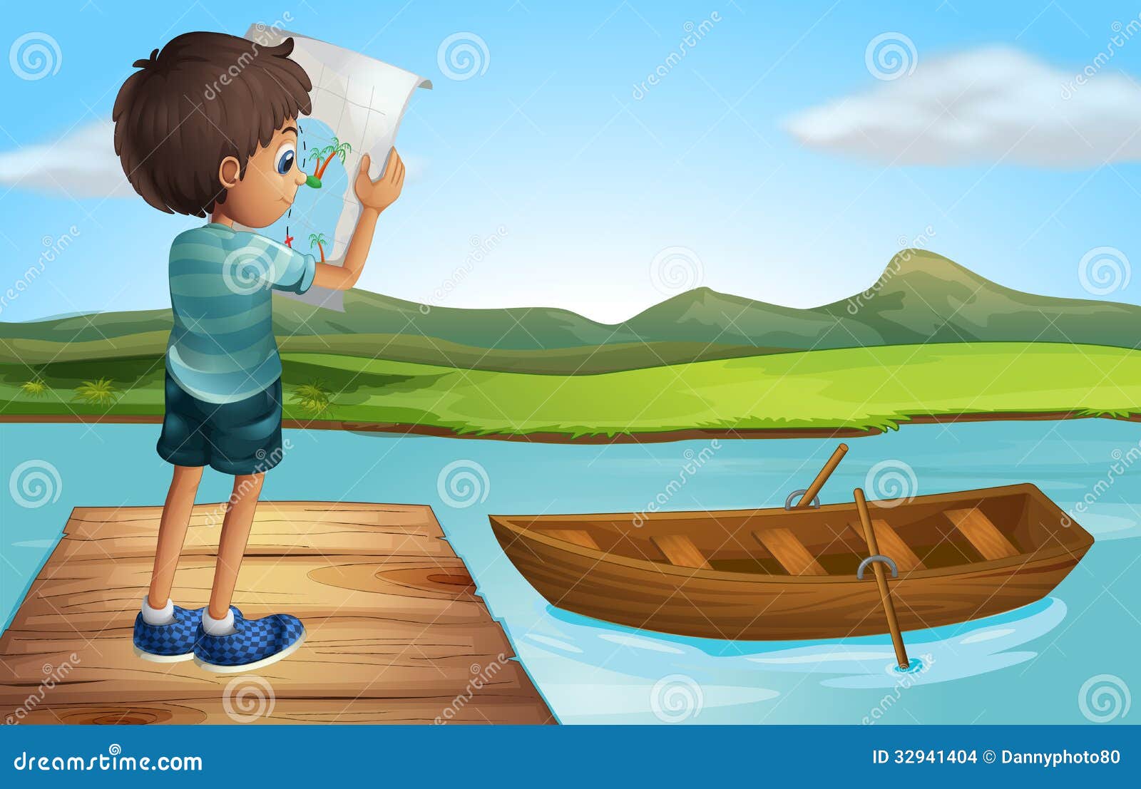 Boy At The River With A Wooden Boat Stock Images - Image: 32941404