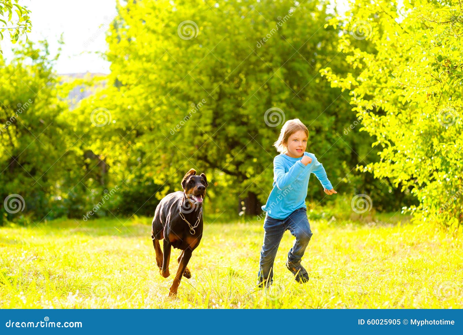 Boy Running Away From Dog Or Doberman In Summer Stock Photo Image