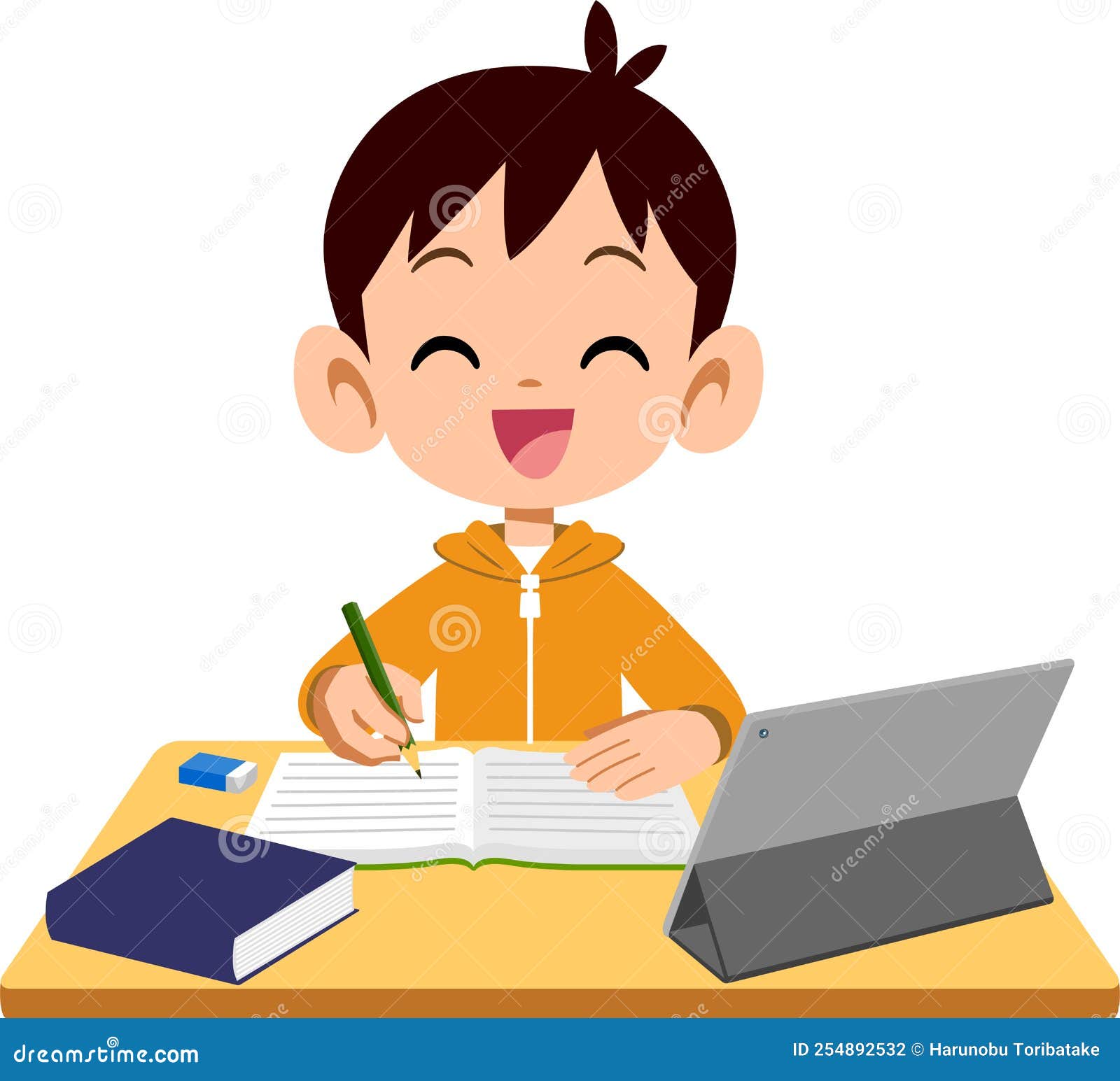 Boy`s Smile Learning Using a Tablet Stock Vector Illustration of