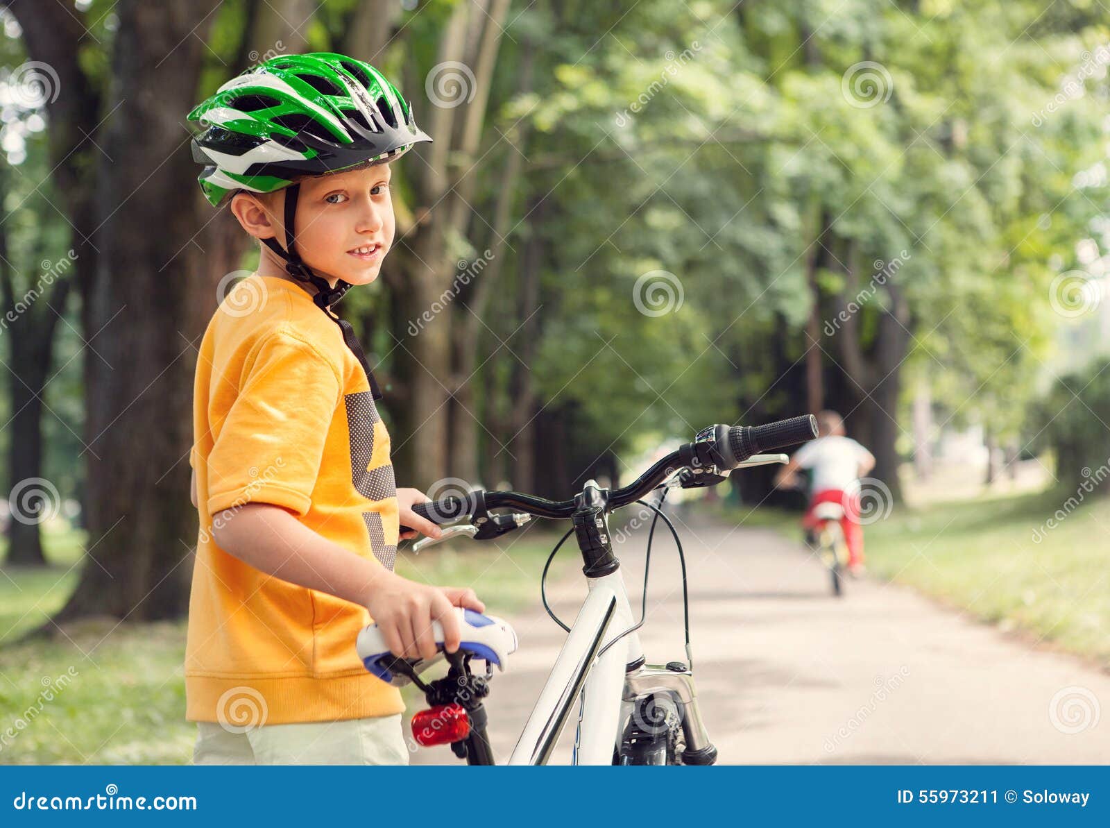 Boy in Safe Helmet with Bicycle in City Park Stock Image Image of bike, biking 55973211