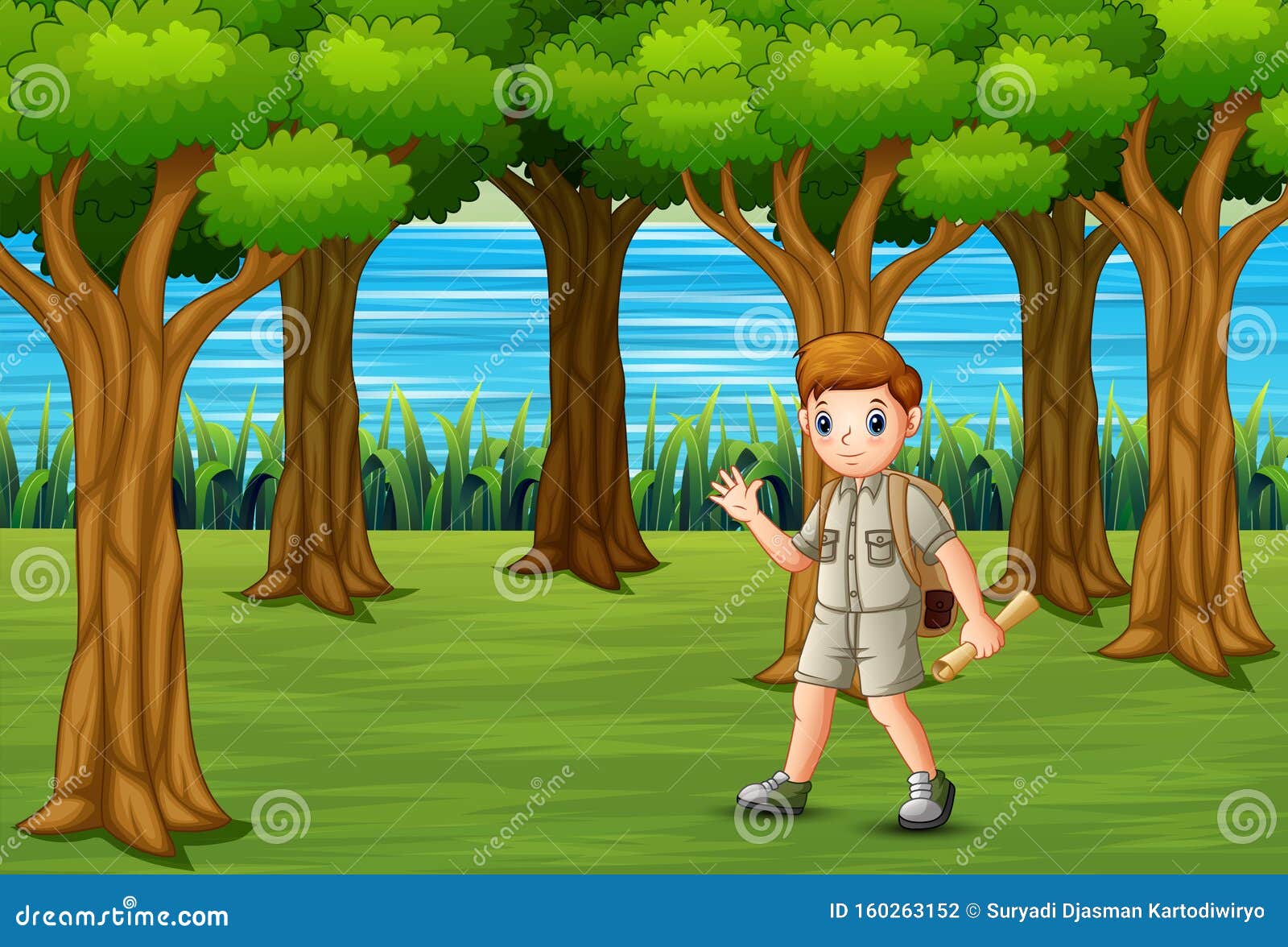 Boy Scout with Backpack Hiking on the Forest Stock Vector