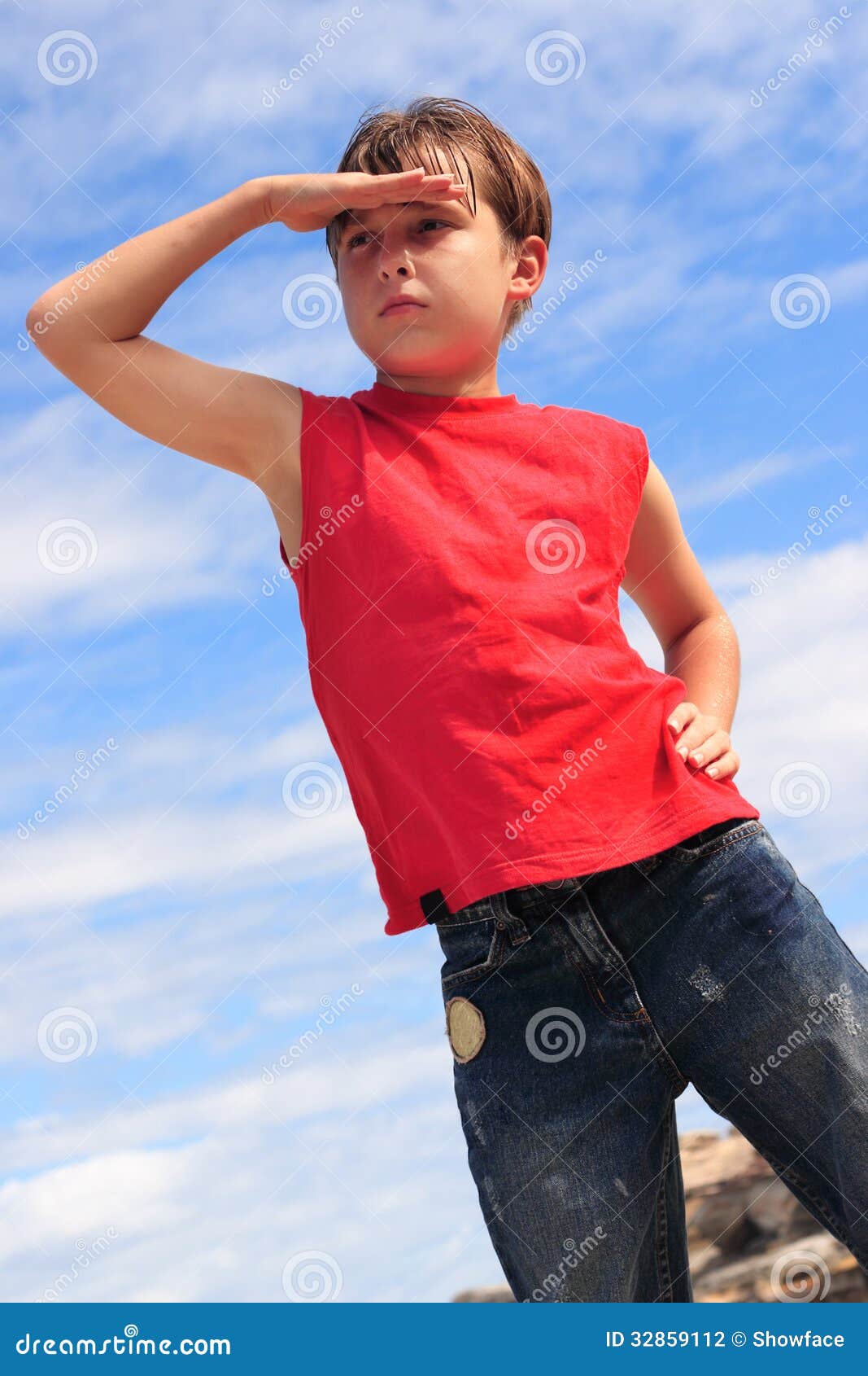 Boy Searching Looking Hand To Forehead Stock Photo Image 