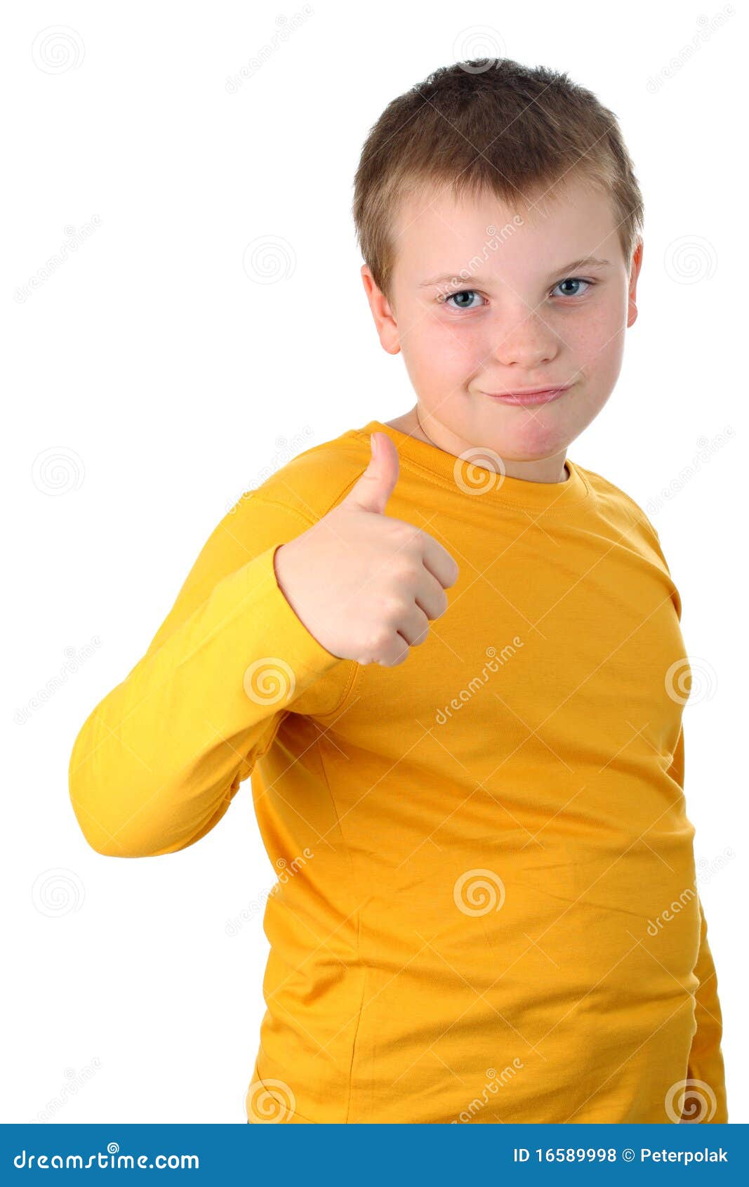 boy showing thumb up gesture  on white