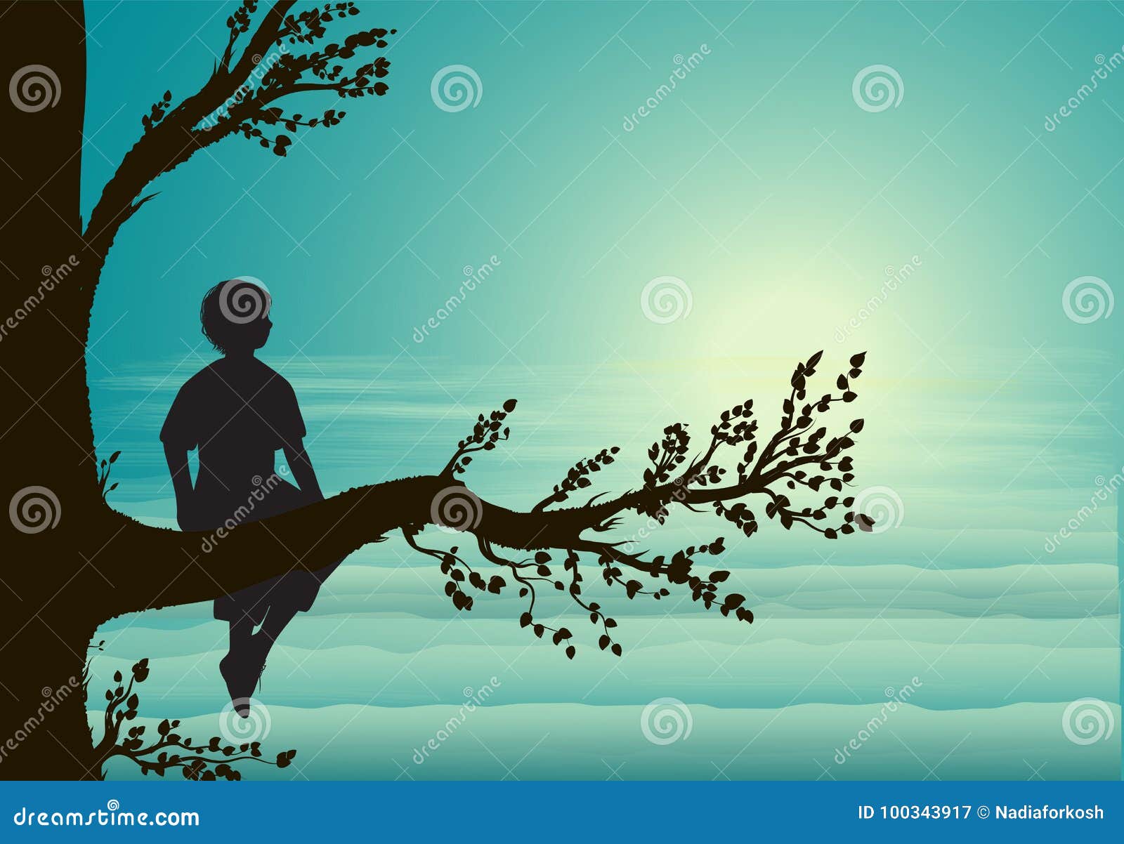 boy sitting on big tree branch, silhouette, secret place, childhood memory, dream,