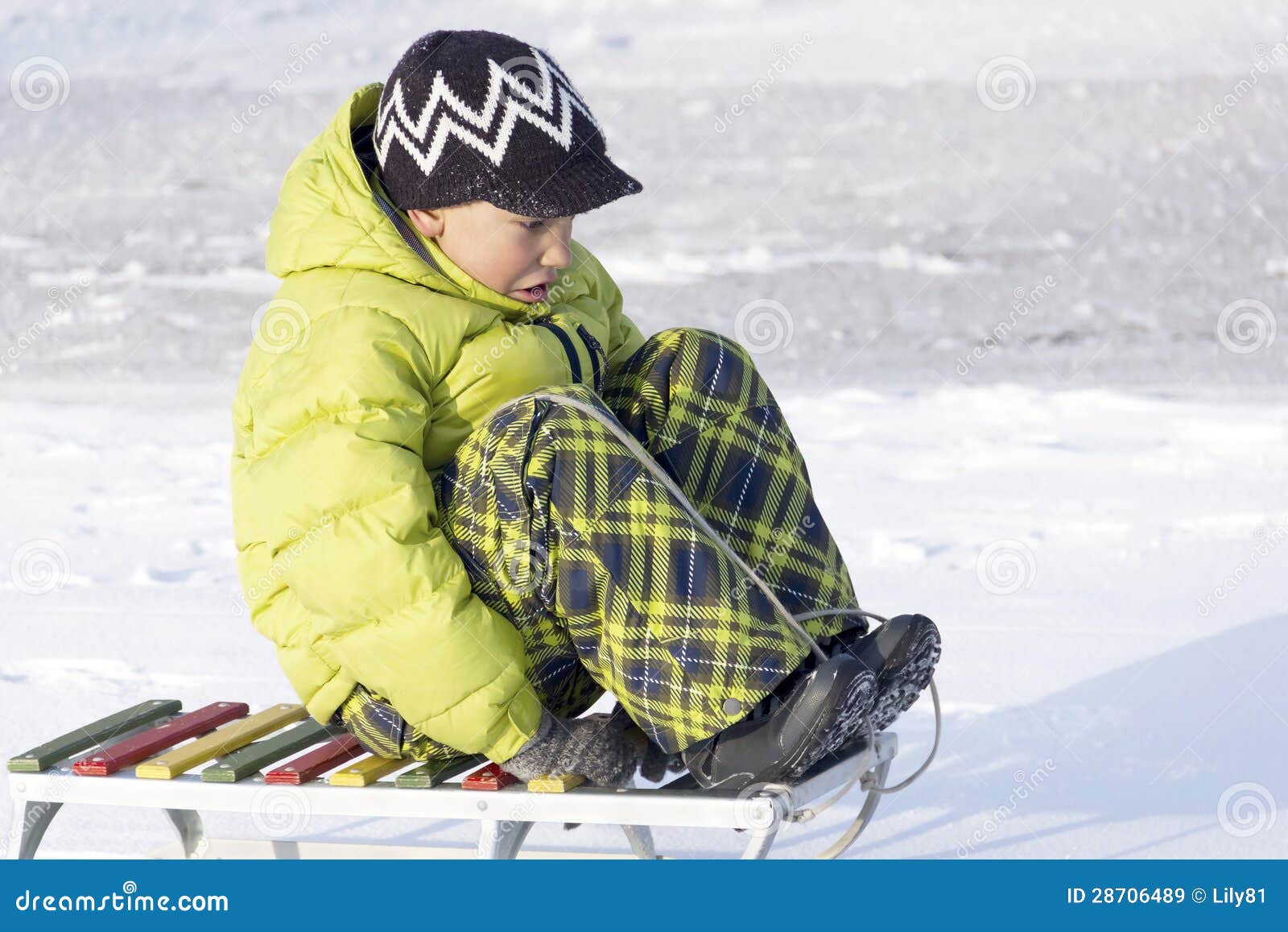 Boy on sled stock image. Image of nature, child, adorable 28706489