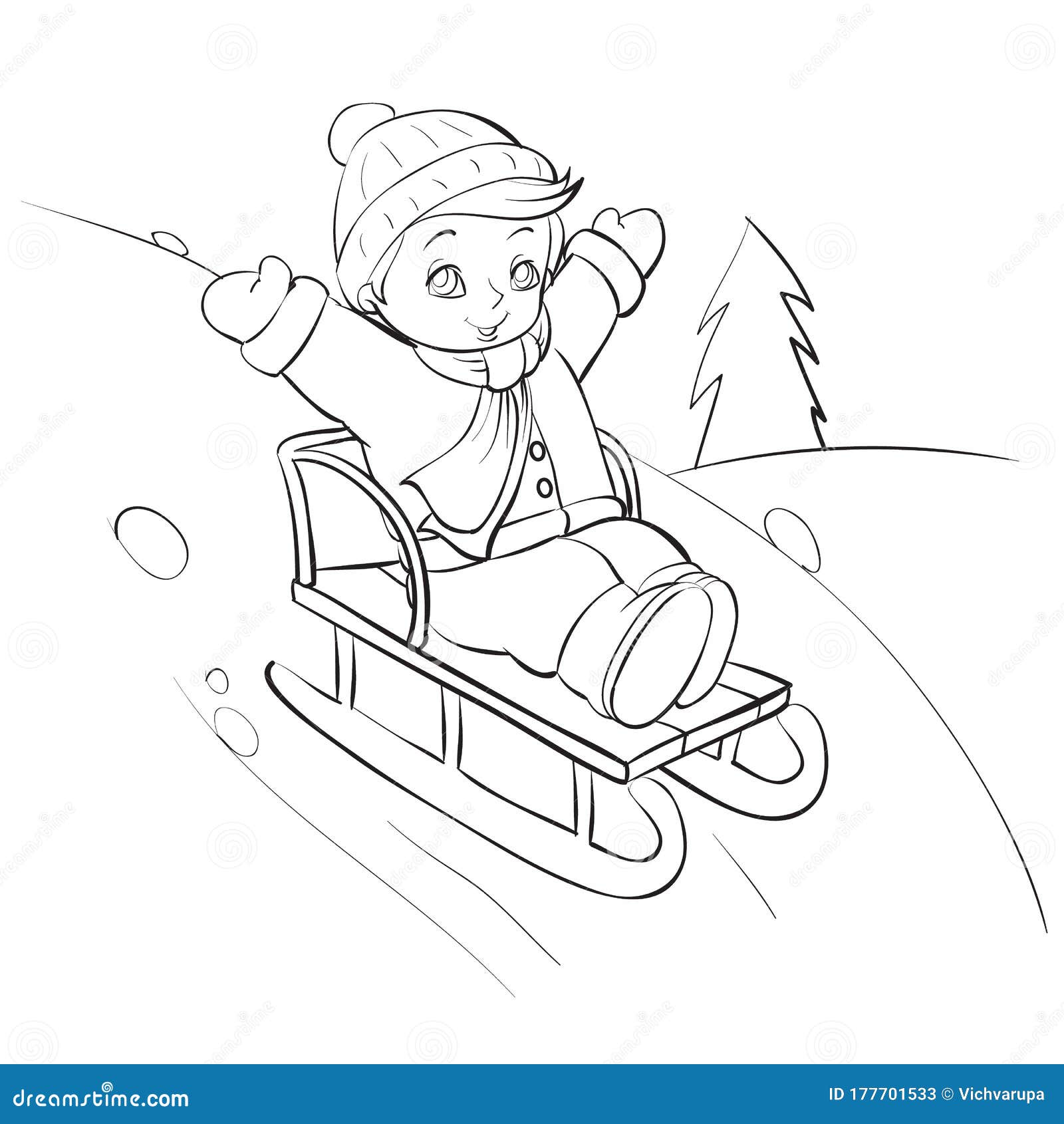 Boy Sledding from a Large Roller Coaster in the Forest, Outline Drawing