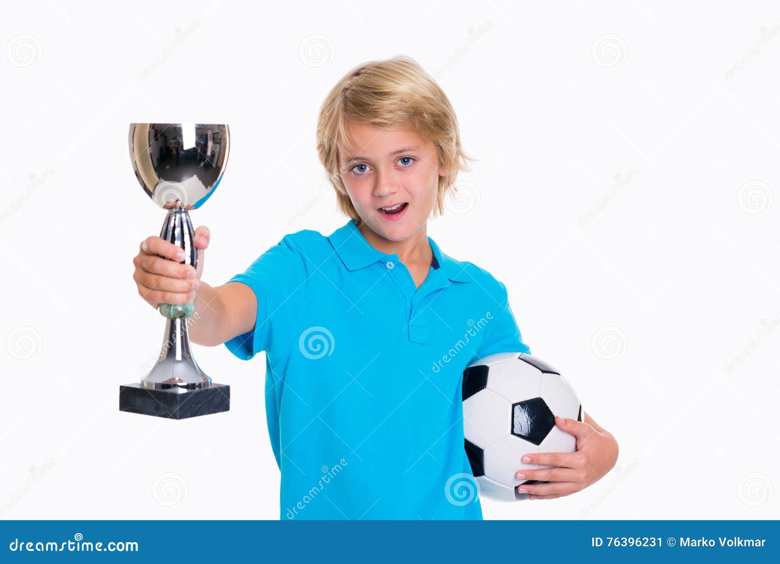 Boy with Soccer Ball and Cup in Front of White Background Stock Image ...