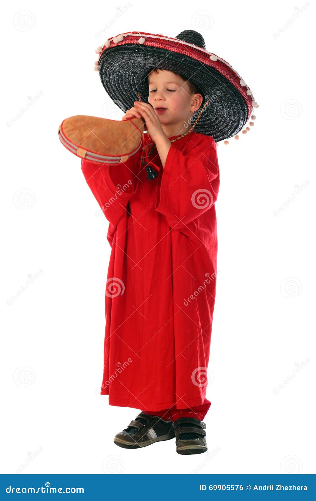 boy in spanish red shirt and sombrero holding bota bag with wine