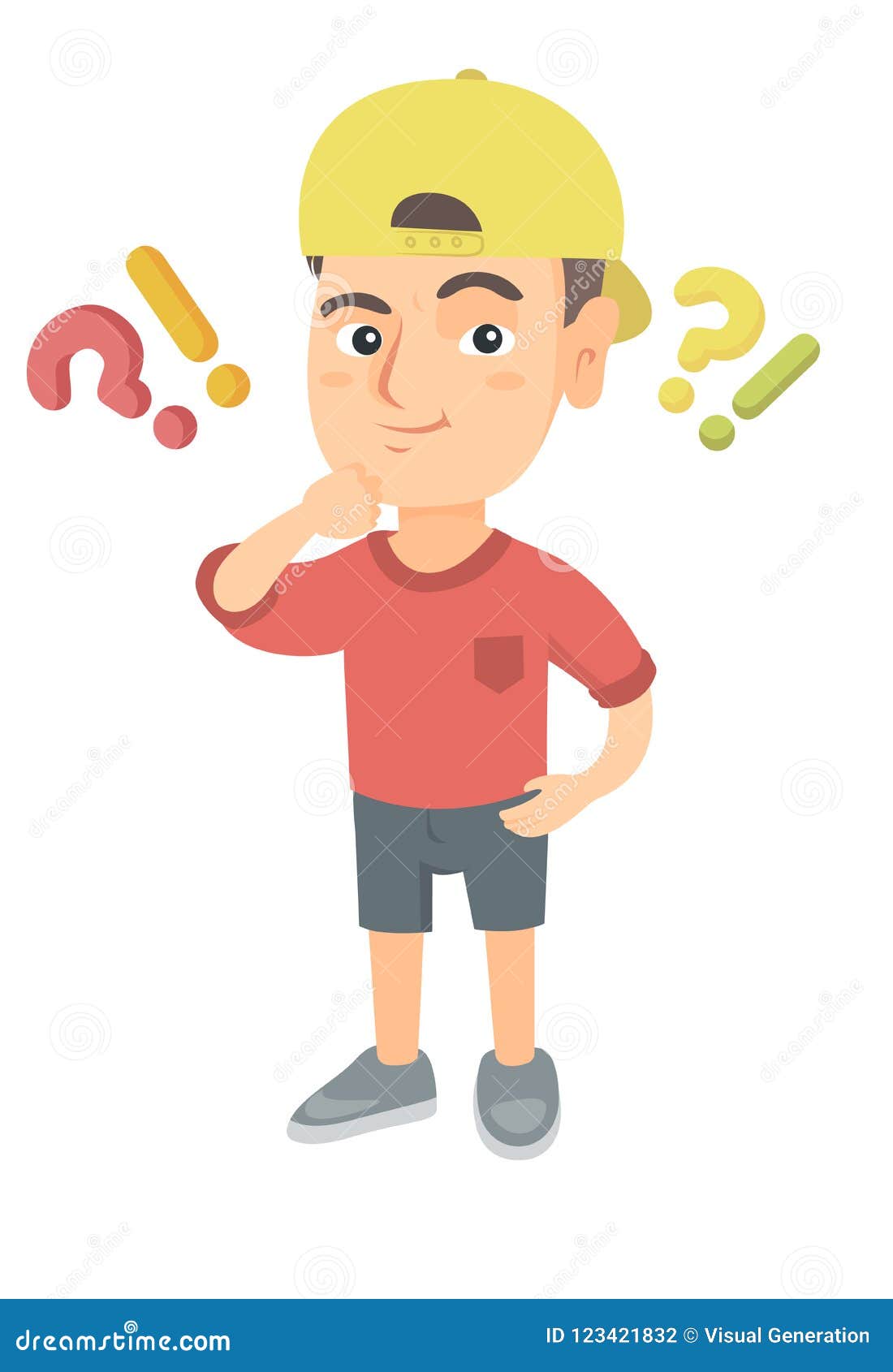 Boy Standing Under Question and Exclamation Marks. Stock Vector