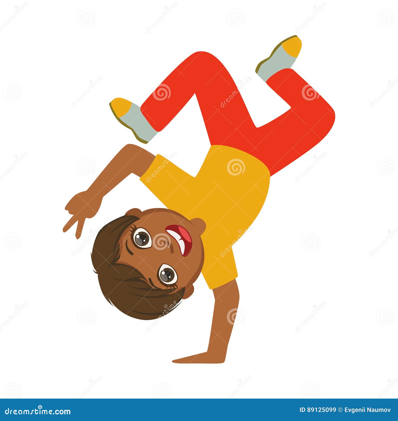 boy standing upside down on one hand dancing breakdance performing on stage, school showcase participant with musical