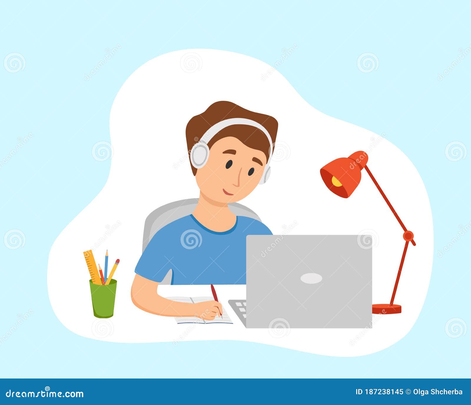 Boy Studying Online Education At Home Cartoon Vector Illustration