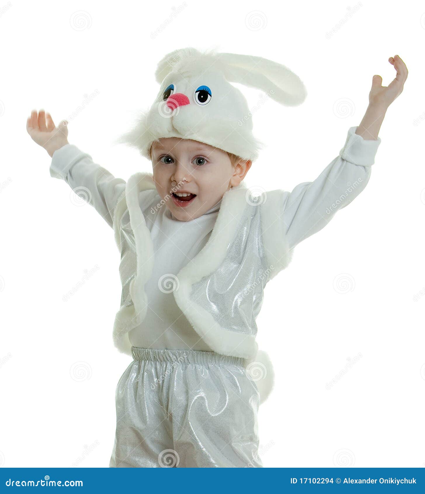 The boy in a suit of a rabbit jumps upwards with the lifted hands