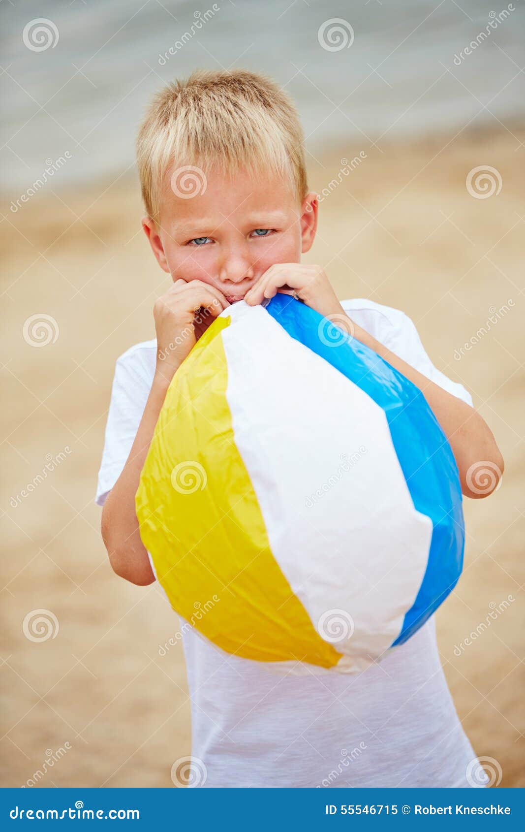 Boy in Summer Inflating Beach Ball Stock Image Image of young, happy