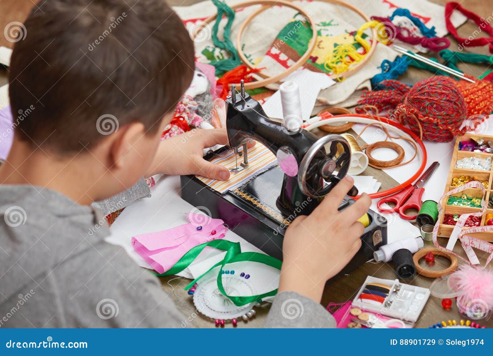 Boy Tailor Learns To Sew, Job Training, Handmade and Handicraft Concept