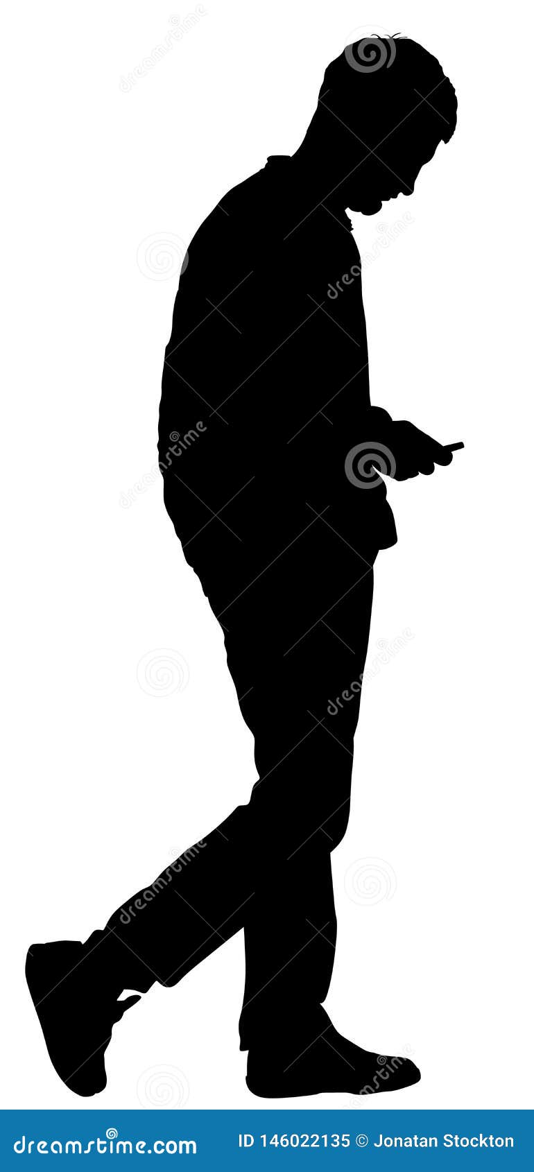 Boy Talking and Watch on Phone Vector Silhouette Illustration. Sad ...