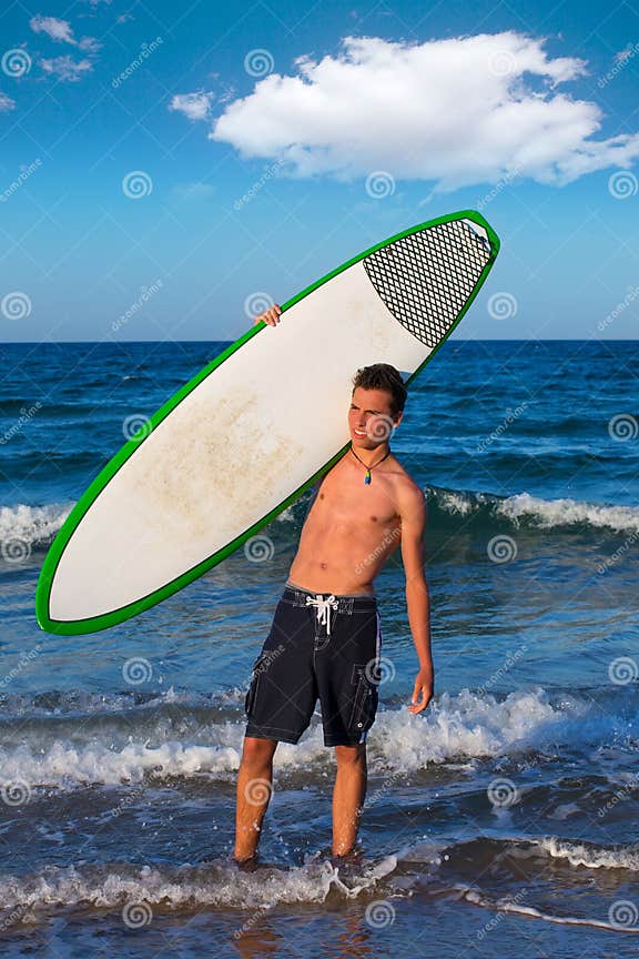 Boy Teen Surfer Holding Surfboard in the Beach Stock Image - Image of ...