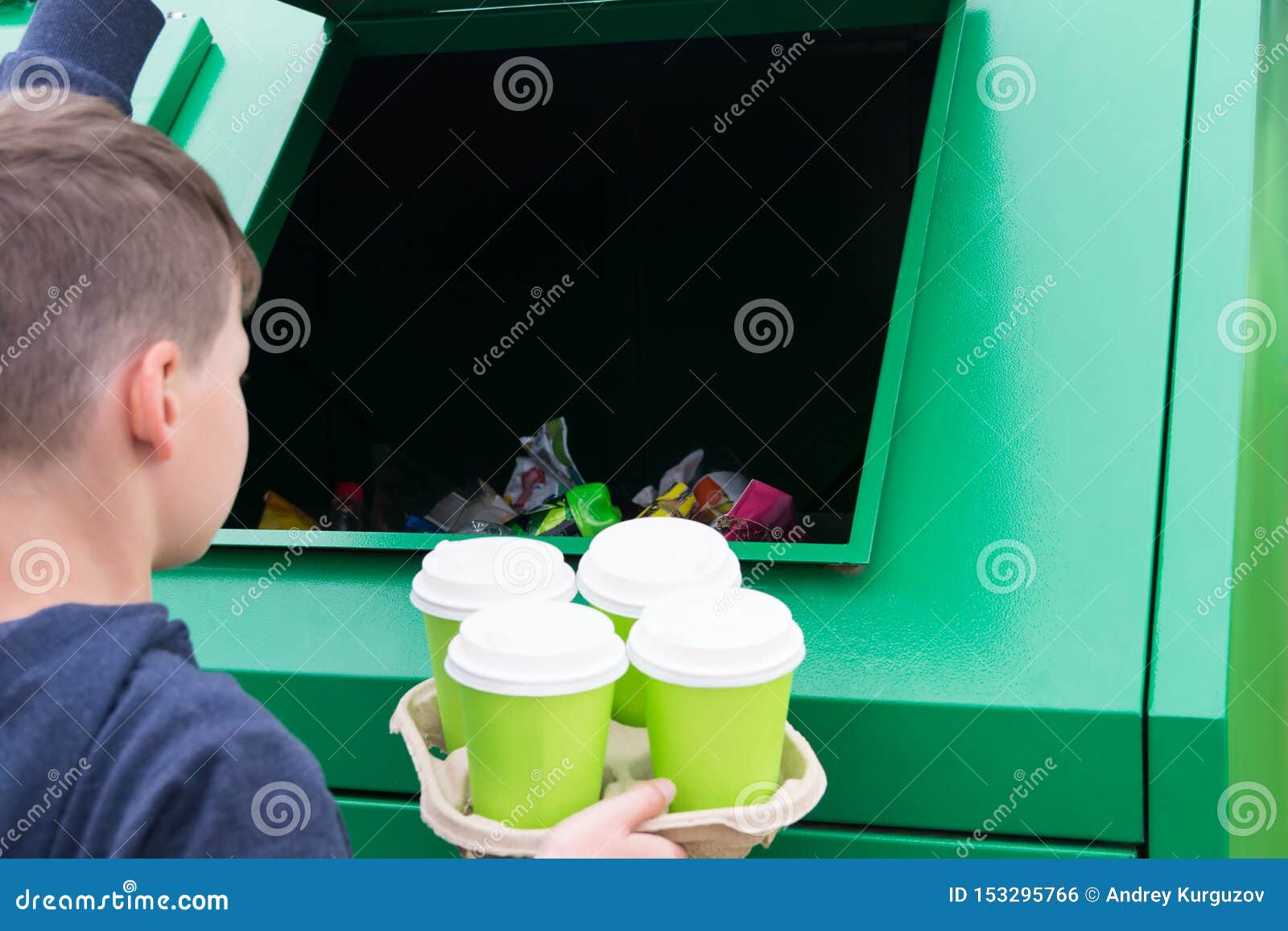 Boy Throws Out Four Glasses from Under Drinks in the Trash Can, Rear