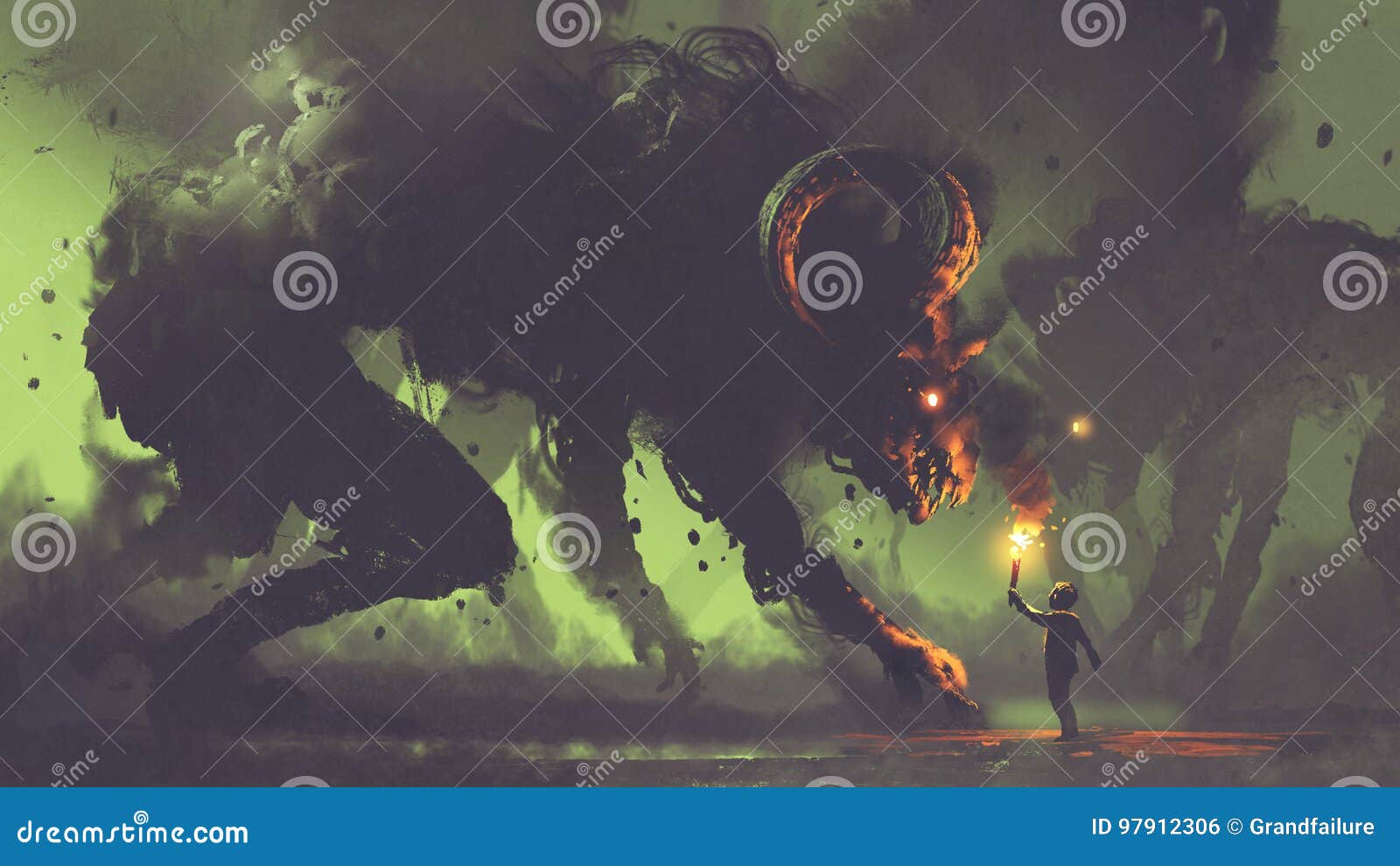 boy with a torch facing smoke monsters
